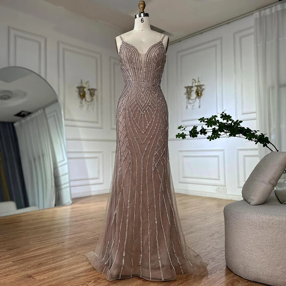 Luxury Dubai Saudi Caramel Mermaid Arabic Evening Dresses with Beaded Cape Sleeves - Formal Gowns for Weddings, Galas & Special Occasions LA72852