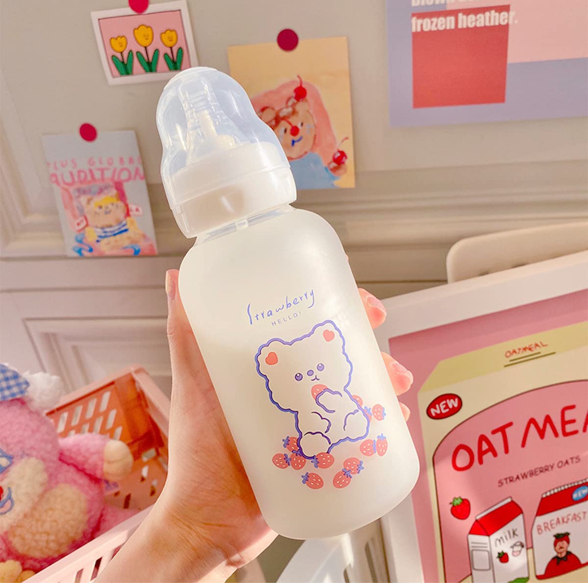 Strawberry Bear Glass Water Bottle with Sippy Lid - 11oz Kawaii Cute Frosted Borosilicate Drinking Bottle for Adults, School, Office & Sports | Portable Water Jug for Workouts, Hiking & Daily Hydration