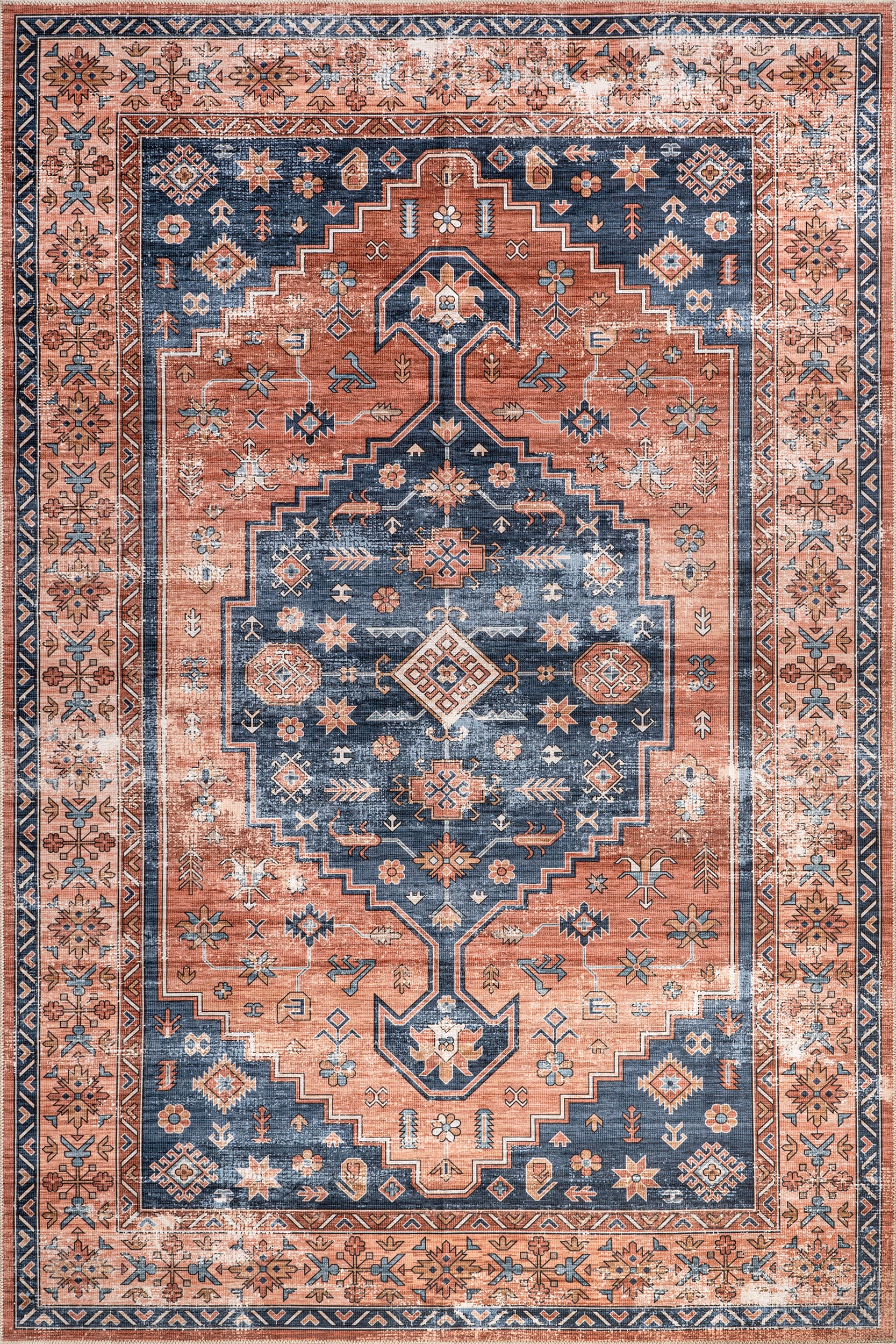 Daisy Spill Proof Washable Persian Rug - Non-Slip Vintage Design for Living Room, Bedroom & Dining Area | Brick Red