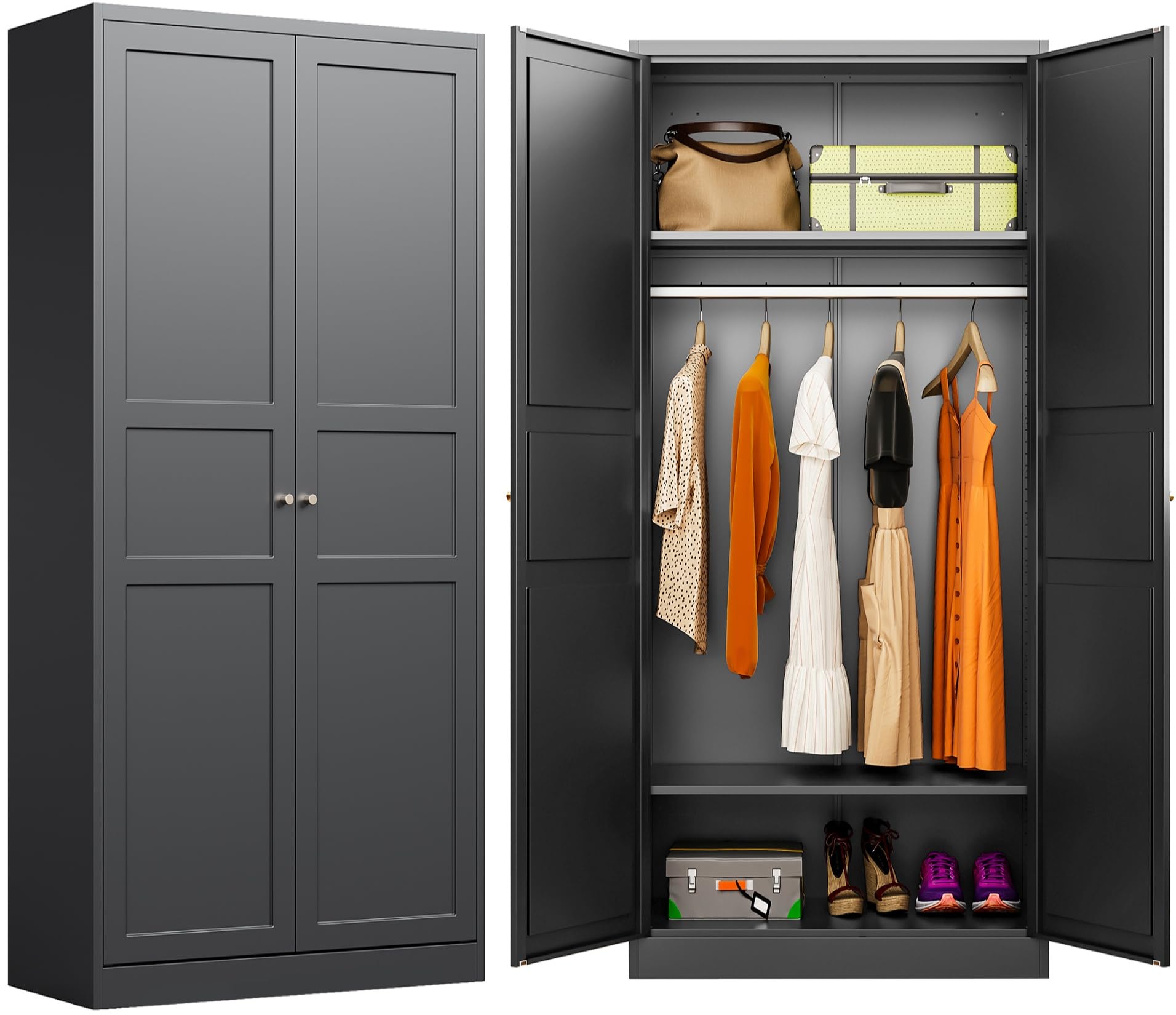 Black Metal Wardrobe Cabinet with Adjustable Shelves & Hanging Rod - 72