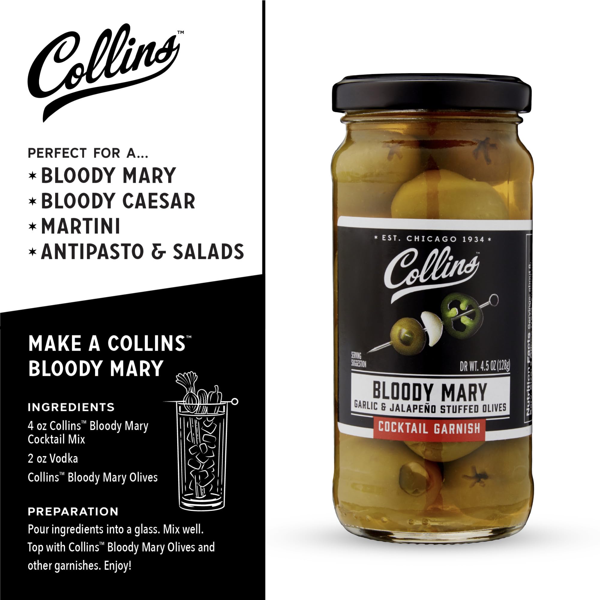 Collins Jalapeno Garlic Stuffed Cocktail Olives 4.5oz - Premium Gourmet Martini & Bloody Mary Garnish - Spicy Jalapeño & Garlic Flavored Olives for Cocktails, Charcuterie Boards & Party Snacks