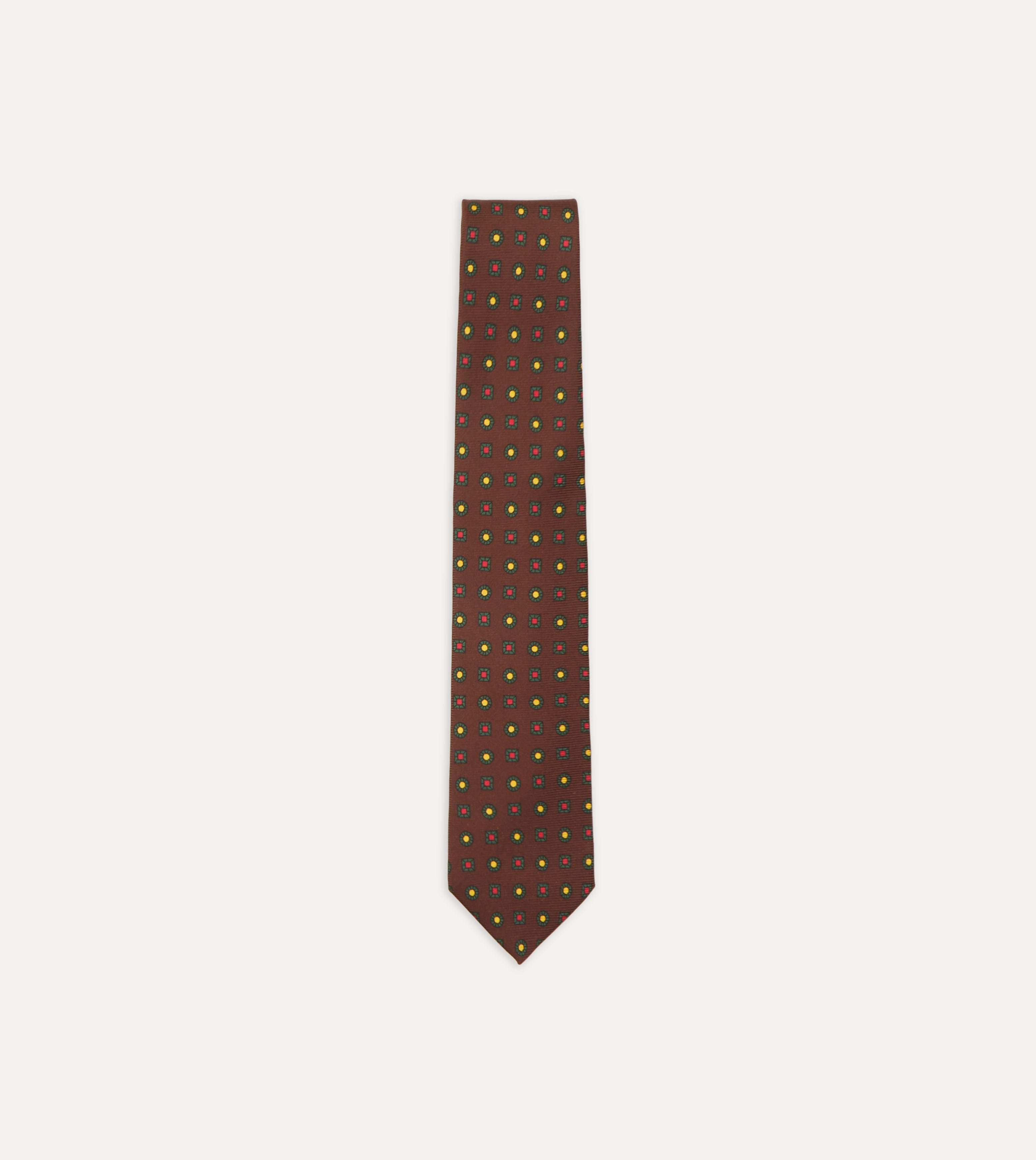 Elegant Brown & Green Geometric Medallion Print Silk Tie for Men | Premium Madder Twill Fabric | Perfect for Business, Weddings & Formal Occasions