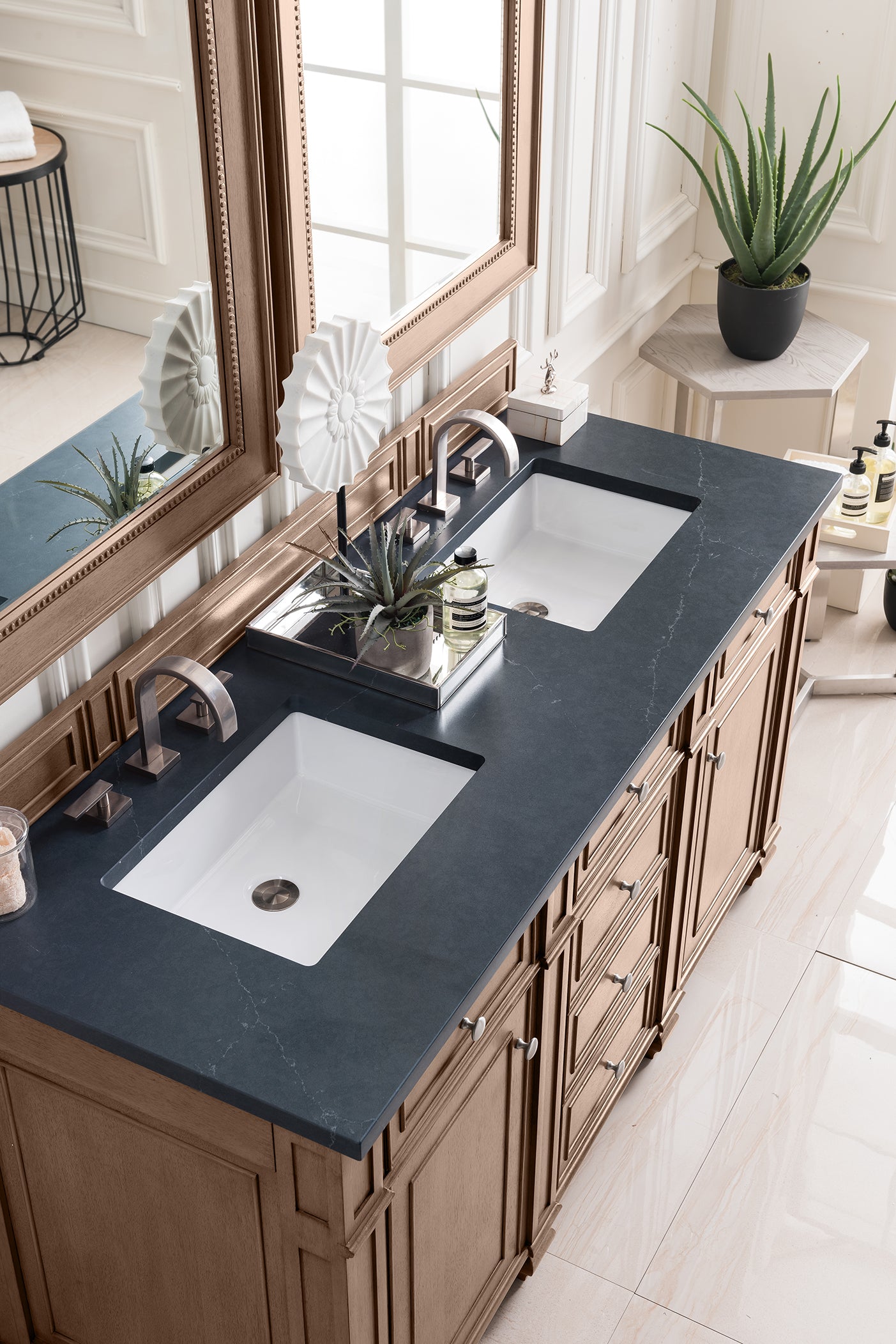 Bristol 60 Inch Double Bathroom Vanity with Whitewashed Walnut Finish and 3CM Charcoal Soapstone Quartz Countertop - Perfect for Master Bathroom Renovation and Modern Home Decor