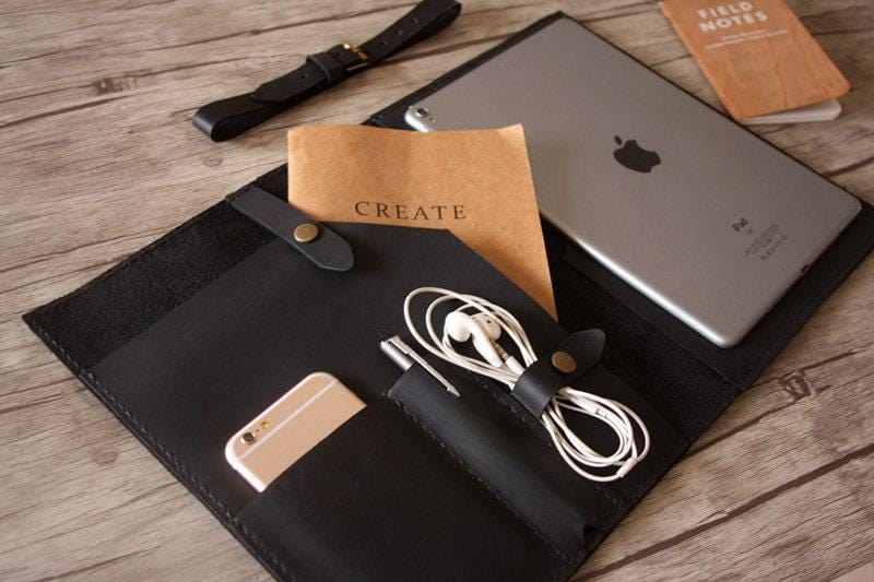 Personalized Black Leather Designer iPad Case Portfolio - Premium Protective Cover for iPad Pro/Air/Mini - Perfect for Business, Travel & Everyday Use