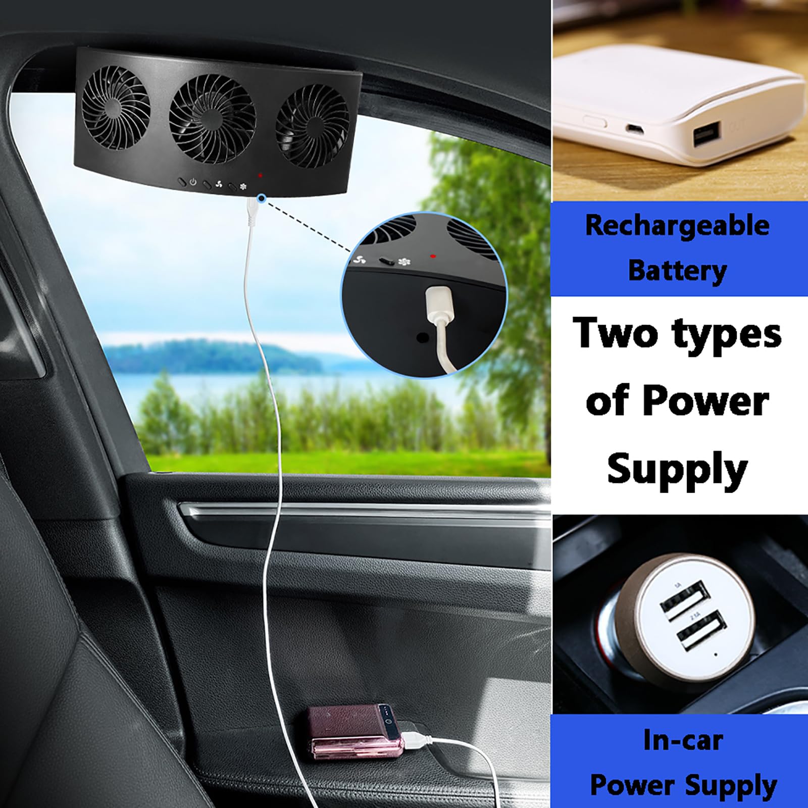 USB Car Window Exhaust Fan - Powerful Vehicle Ventilator & Radiator Cooling Fan with Strong Wind, USB Charging - Perfect for Hot Weather, Road Trips & Parking (White)