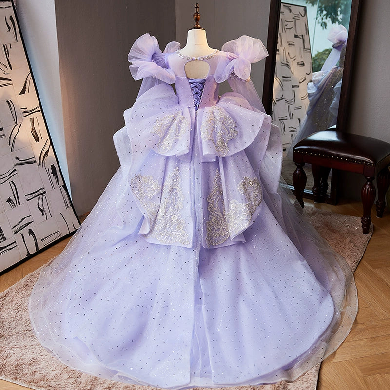 Lilac Princess Round Floor Length Tulle Flower Girl Dress for Weddings, Baptisms & Special Occasions