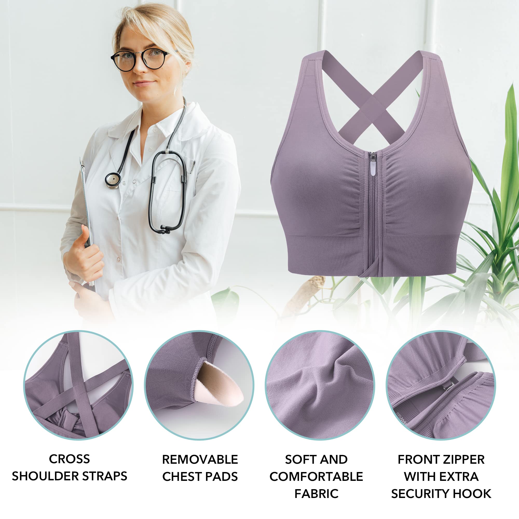 Evercute Zip Front Post-Surgery Bra for Women - Wireless Sports Bras with Padded Straps & Medium Support - Yoga, Exercise & Athletic Bras - Perfect for Recovery, Workouts & Daily Comfort
