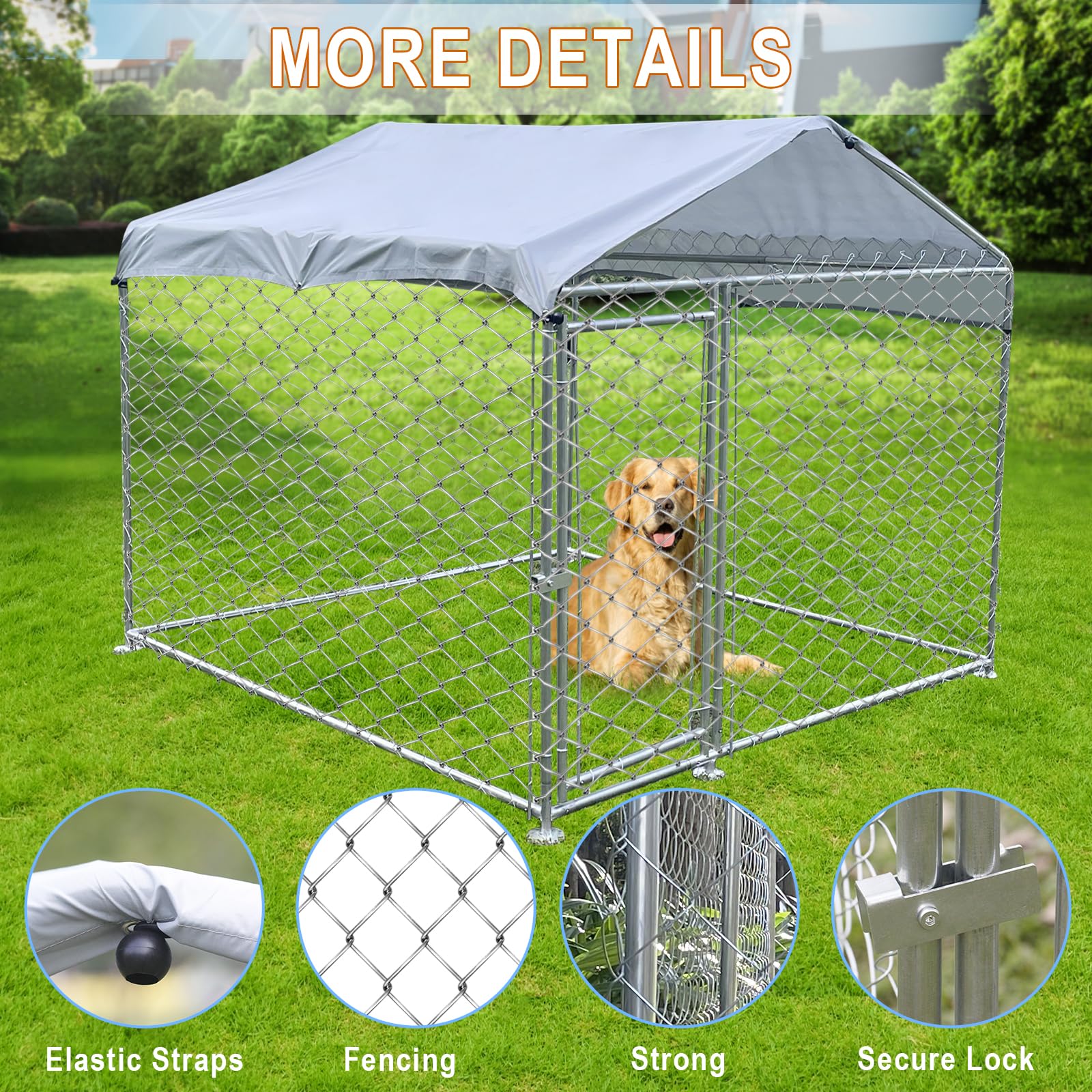 6.6 x 6.6FT Heavy Duty Outdoor Dog Kennel with Roof - Rust-Proof Chain Link Dog Cage for Backyard, Waterproof & UV-Resistant Cover - Perfect for Large Dogs, Pet Safety & Outdoor Playtime