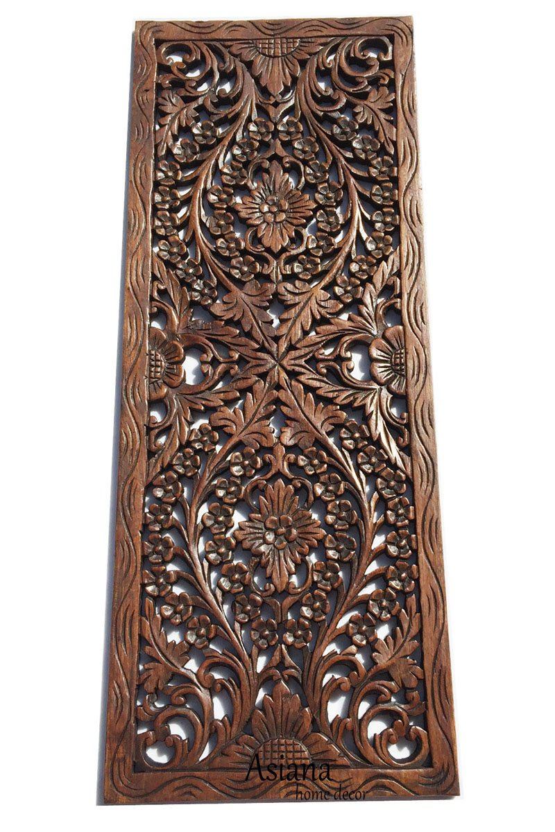 Large Floral Carved Wood Wall Panel - 35.5