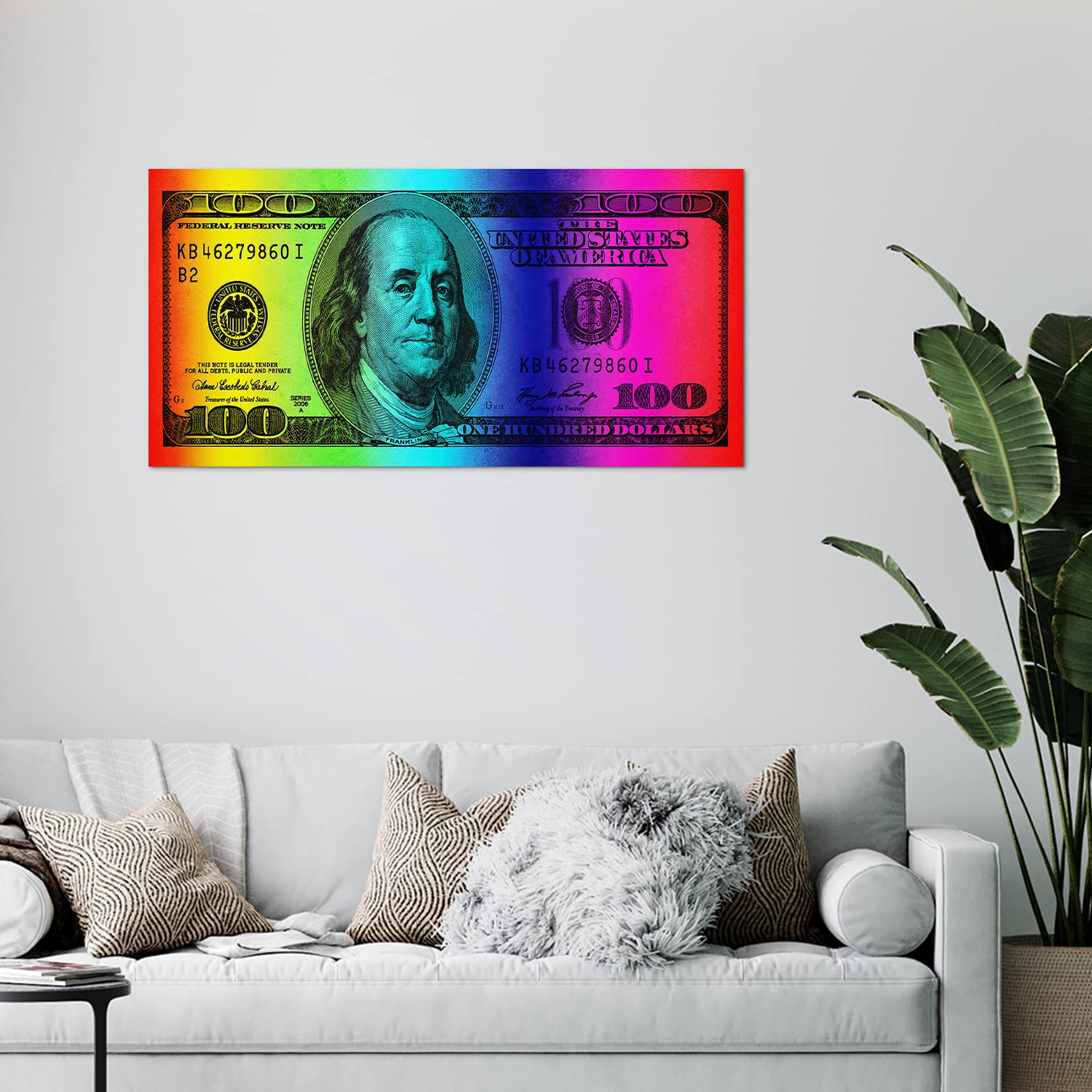 GUBIYU 100 Dollar Bill Wall Art - Rainbow Framed Canvas Print (24