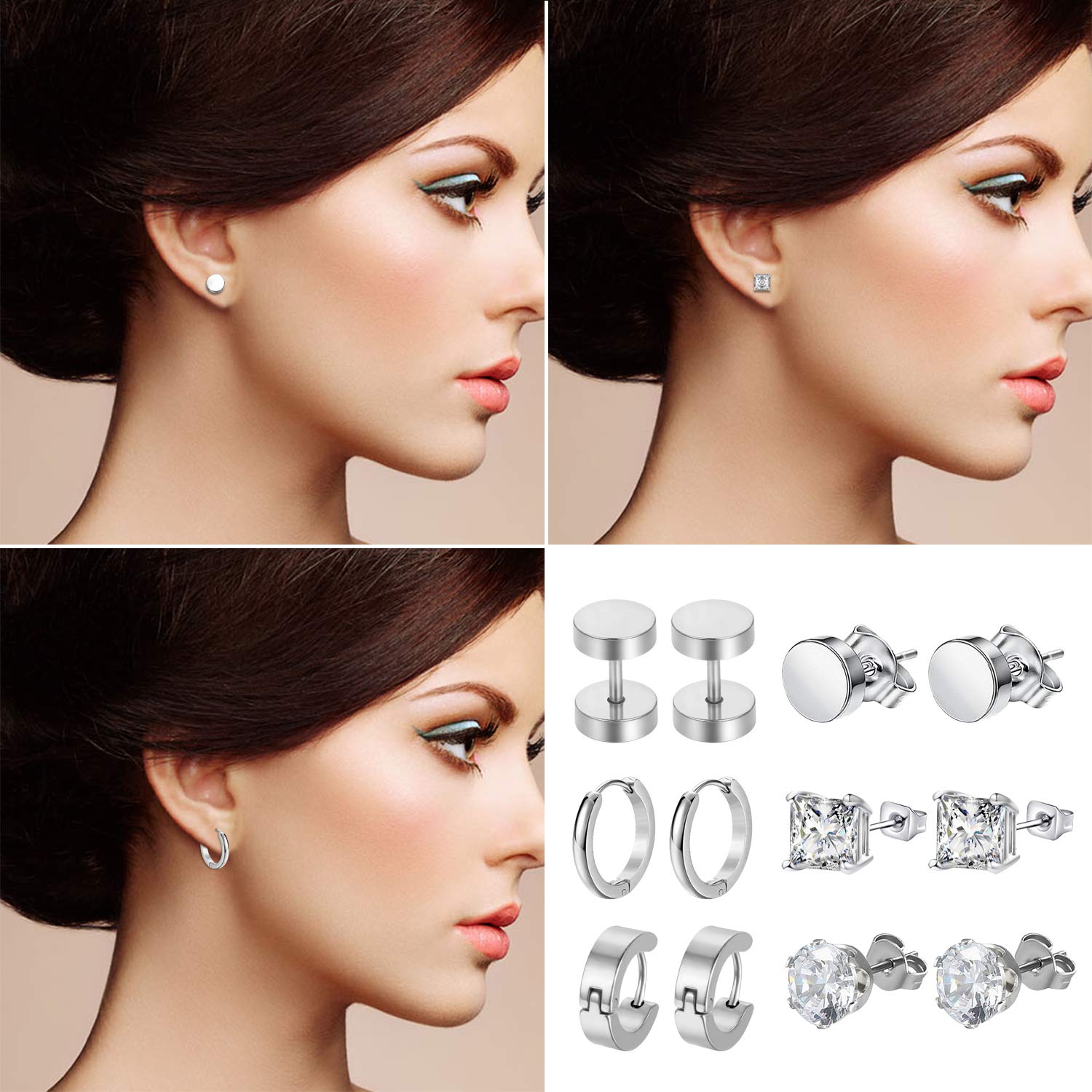 Aroncent 6 Pairs Stainless Steel Small Hoop Earrings for Men & Women - Fake Gauges, Spike Earrings Set | Hypoallergenic, Durable Body Jewelry for Everyday Wear, Parties & Gifts