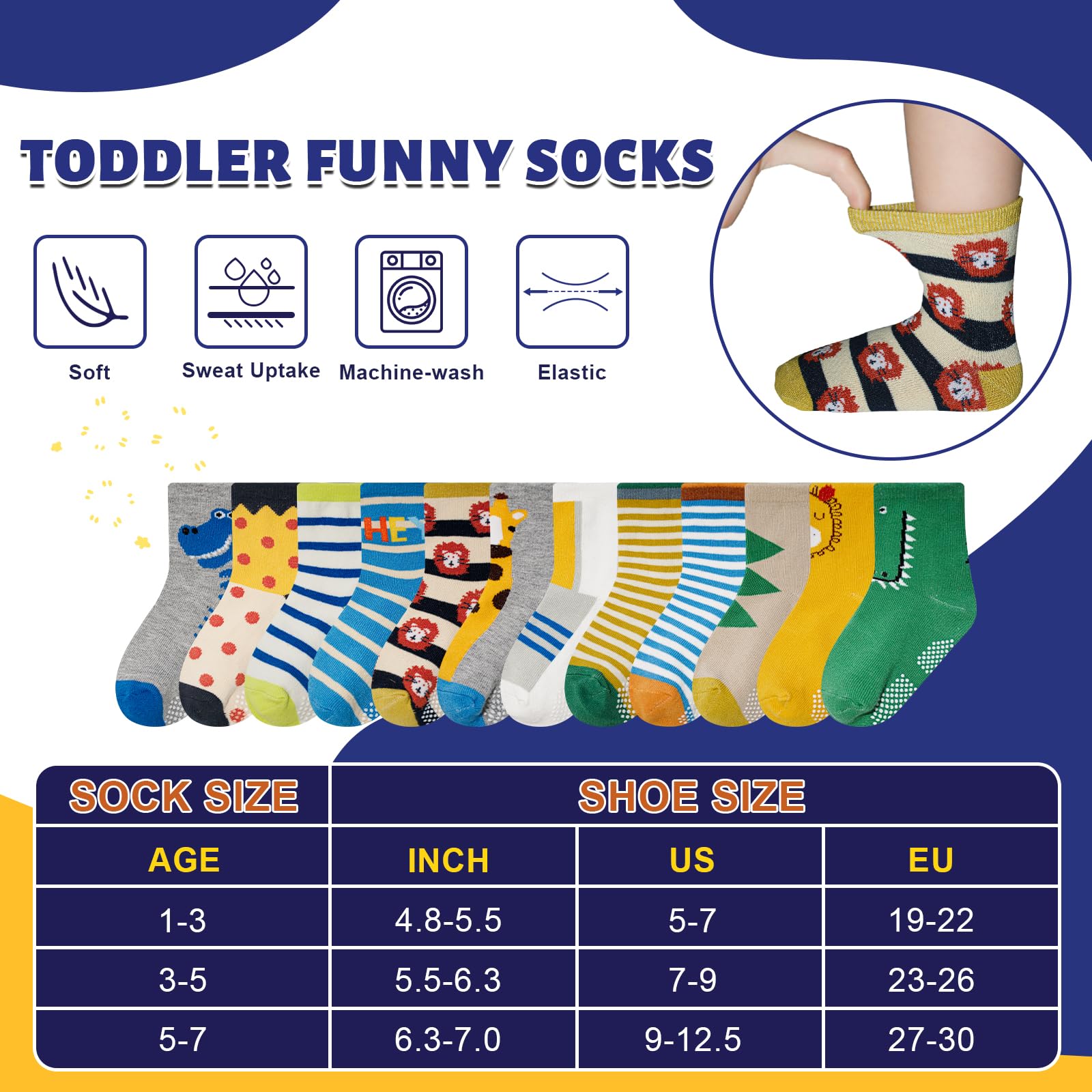 HYCLES Non-Slip Toddler Socks with Grips - 12 Pairs Baby & Kids Cotton Slipper Socks for Boys & Girls Ages 1-7 Years - Perfect for Playtime, Daycare & Learning to Walk