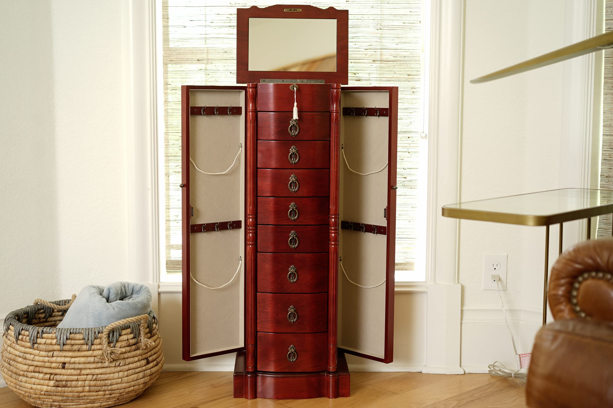 Francesca Jewelry Armoire - Antique Style Locking Jewelry Storage Organizer with Cherry Finish - Perfect for Bedroom, Closet & Vanity Organization