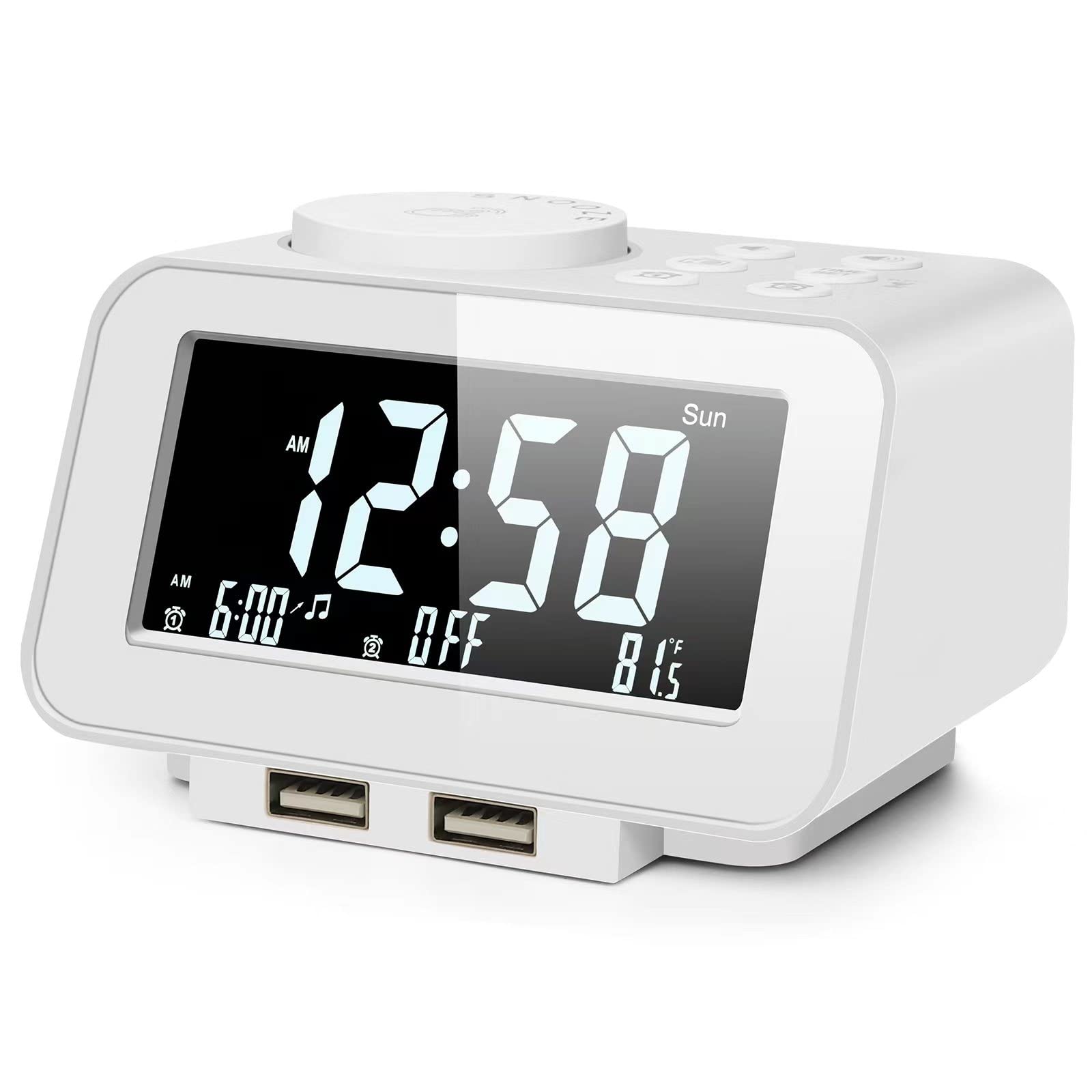 USCCE Digital Alarm Clock Radio with Dimmer - Dual Alarm, FM Radio, USB Charging, Thermometer | Adjustable Volume & 6 Alarm Sounds | Weekday/Weekend Mode, Battery Backup (White) - Perfect for Bedroom, Office, Travel & Home Use