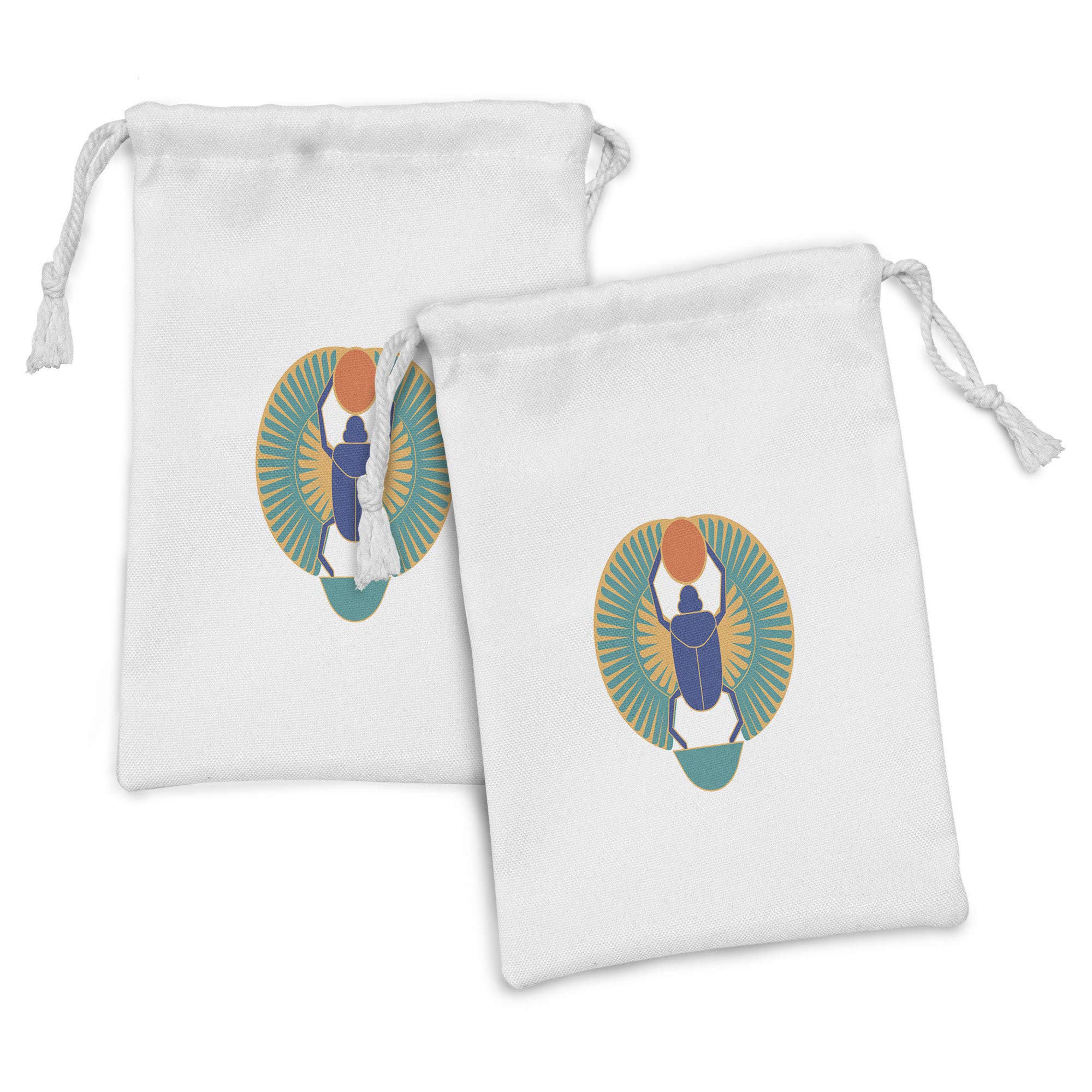Ambesonne Egyptian Print Fabric Pouch Set of 2 - Rebirth Scarab Holding Sun with Wing Motifs, Small Drawstring Bag for Toiletries, Masks, Jewelry & Party Favors (9