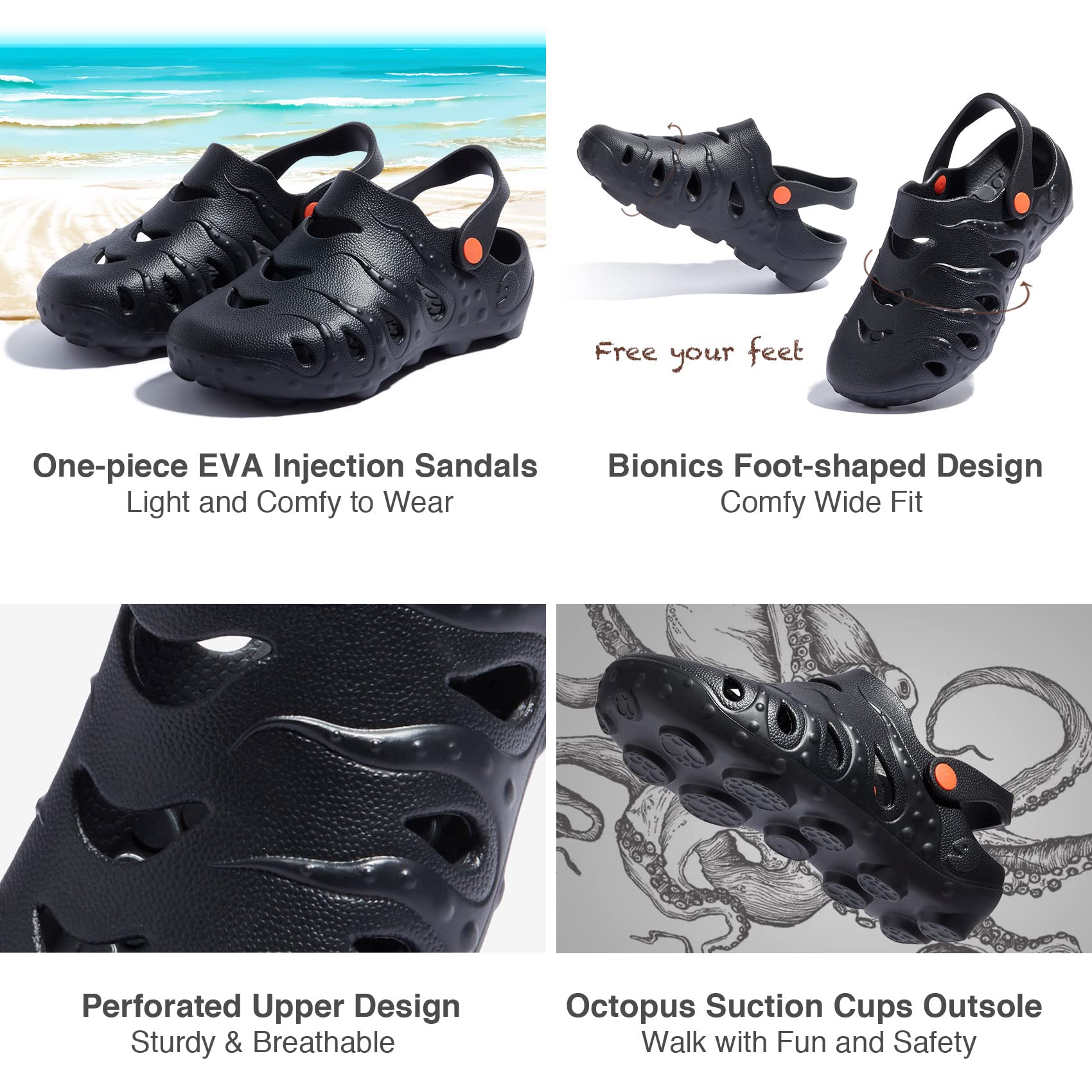 UIN Women's Clog Garden Shoes - Slip On Beach Outdoor Slippers Sandals with Octopus Design | Comfortable Waterproof Shoes for Beach, Pool, Garden & Outdoor Activities