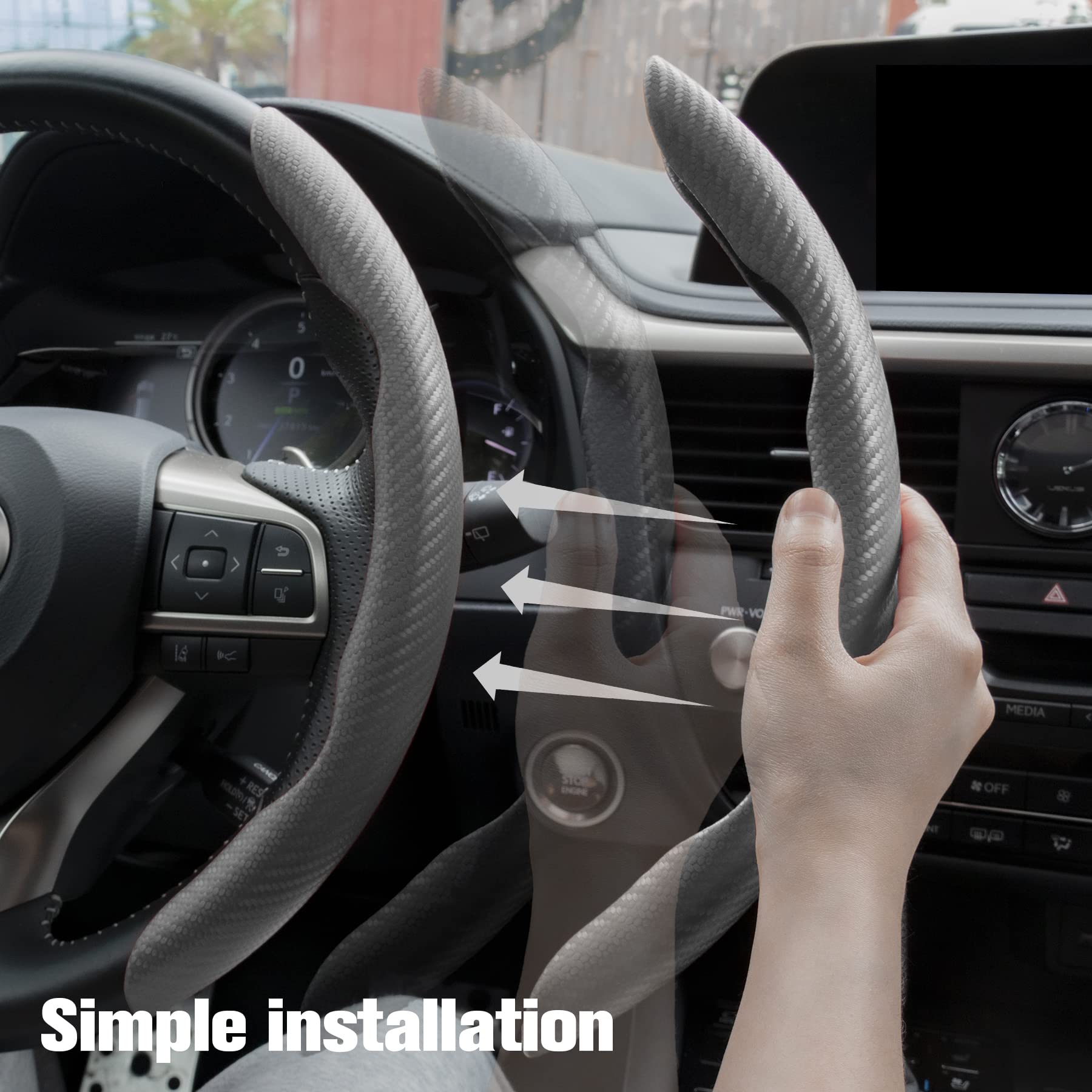 Premium Carbon Fiber Anti-Slip Steering Wheel Cover - Universal Fit for Most Cars - Non-Slip Grip & Scratch Protection - Grey Interior Accessory (Perfect for Daily Commute & Road Trips)