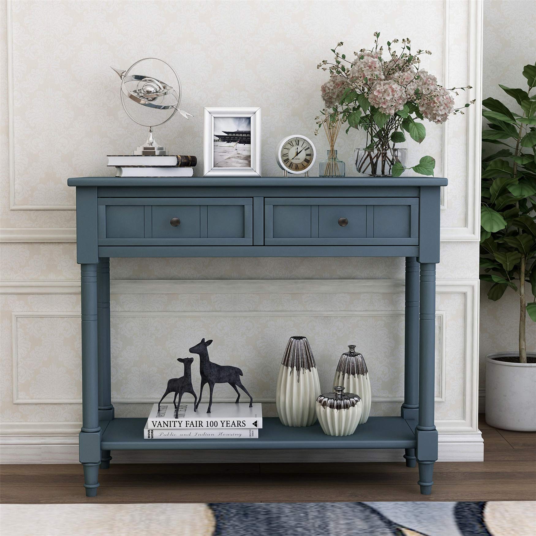 Narrow Navy Console Table with Drawers - Small Entryway Table, Sofa Side Table for Hallway, Living Room & Bedroom - Perfect for Storage and Decor