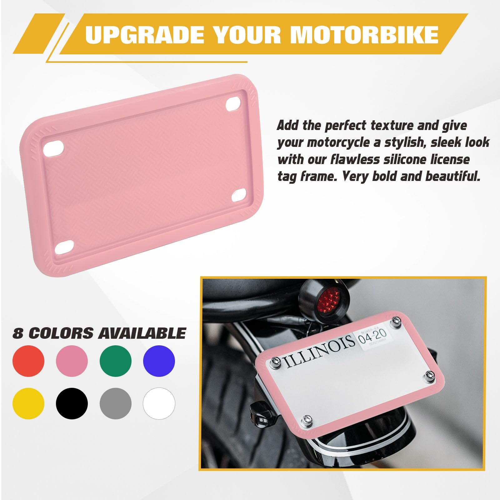 Xotic Tech Motorcycle Silicone License Plate Frame - Rustproof, Rattleproof, Weatherproof Motorbike Plate Holder (Pink, 7.56