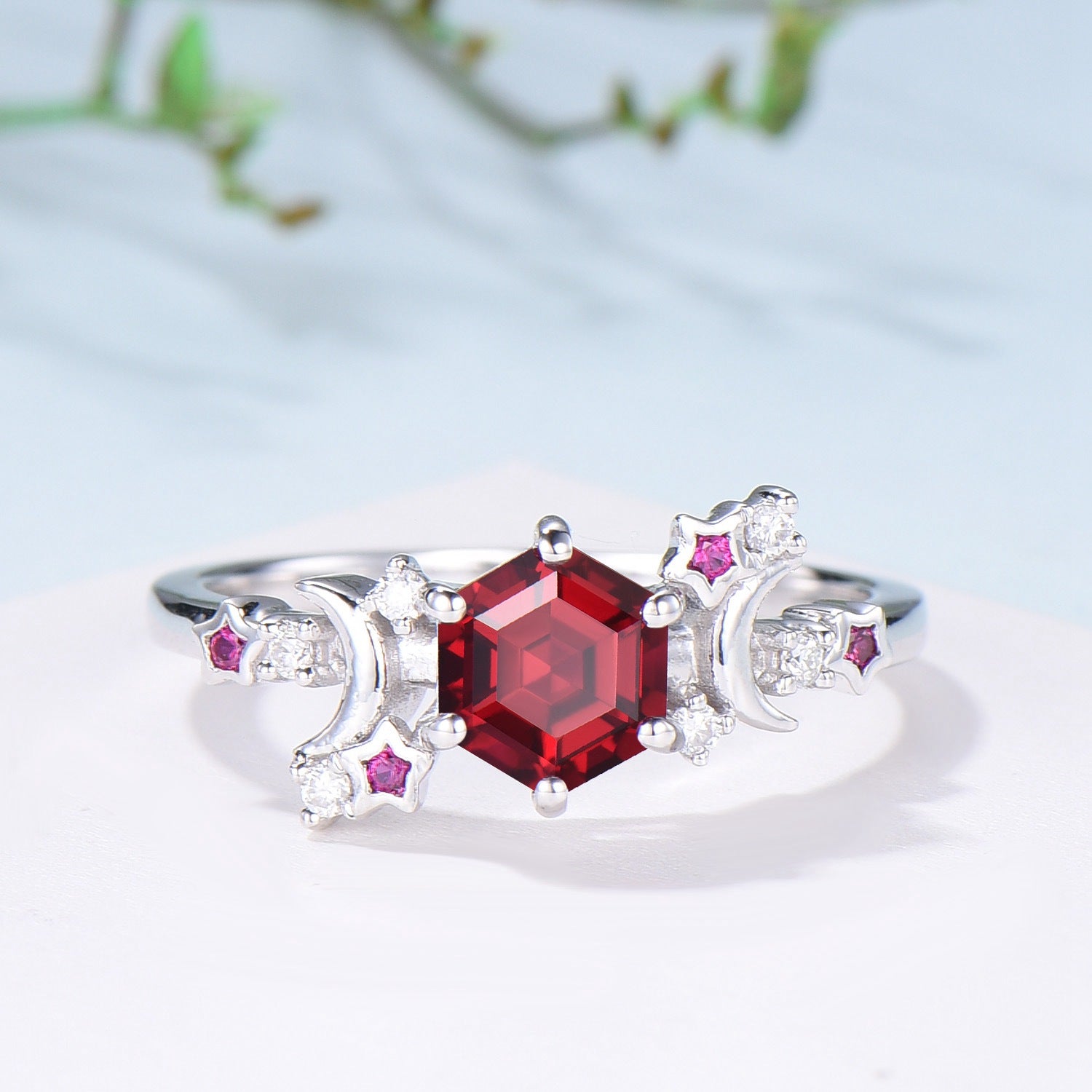 Galaxy Star Ruby Engagement Ring - Crescent Moon Hexagon Cut Lab Ruby Wedding Ring - Unique Cluster Star Moon Design - Anniversary Gift for Her - Perfect for Proposals, Weddings & Special Occasions