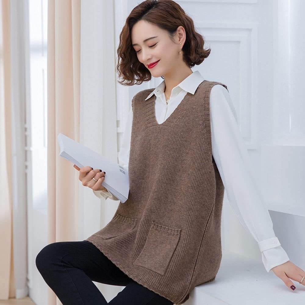 Women's Brown Knitted Sweater Vest - Sleeveless V-Neck Gilet with Pockets, Plus Size Casual Waistcoat for Autumn & Winter | Preppy Style Loose Fit Tank Top Jumper for Layering & Office Wear