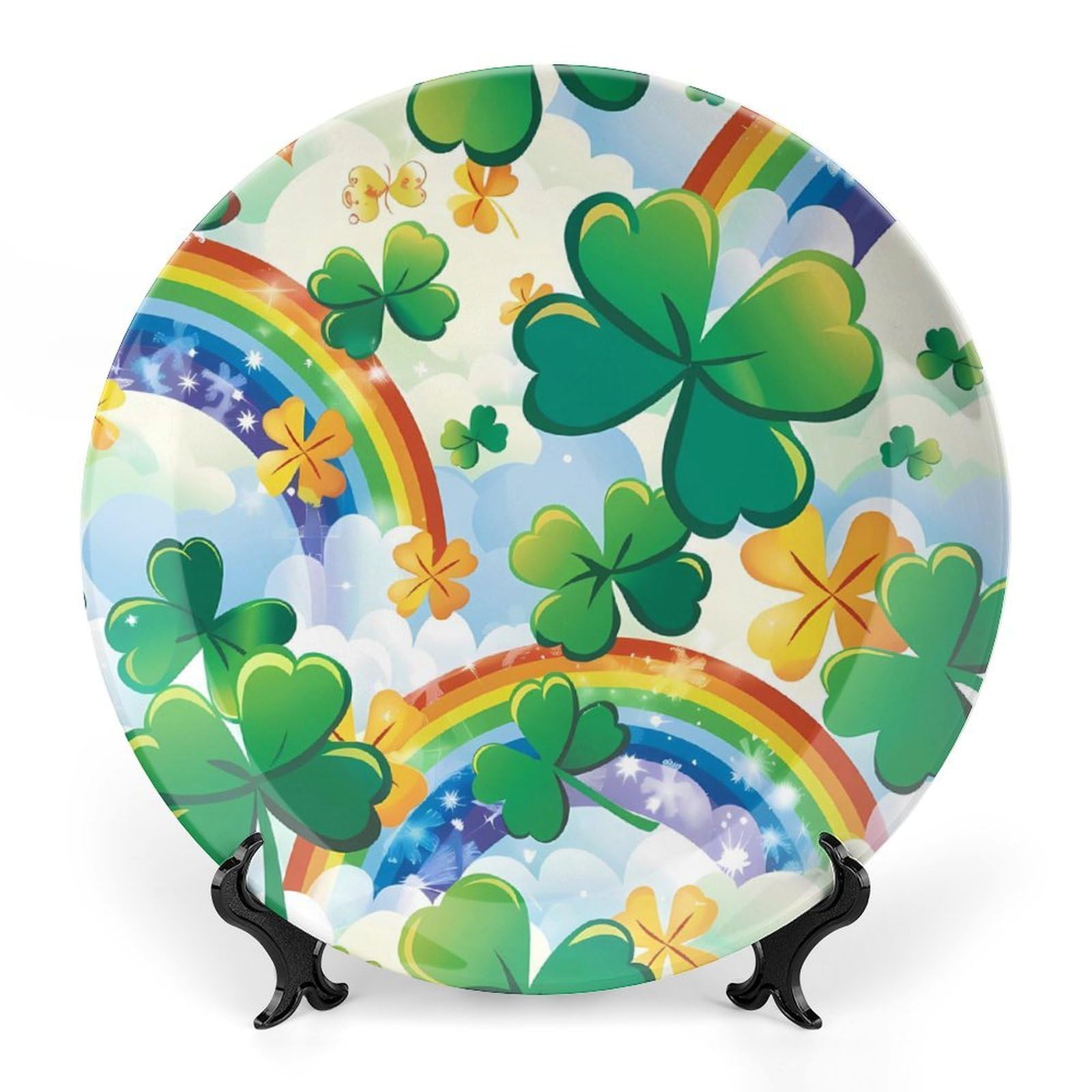 St. Patrick's Day Shamrock Clover Rainbow Ceramic Decorative Plates - 4-Piece Set with Stand for Kitchen, Dining Room & Home Decor - Perfect for Irish Themed Parties, Holiday Display & Festive Table Settings
