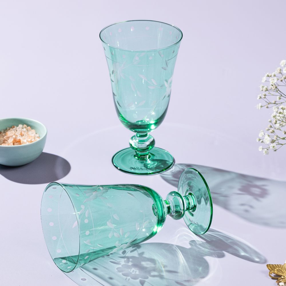 Orson Etched Green Crystal Glass Set - Set of 2 Elegant Drinking Glasses for Wine, Cocktails & Water - Perfect for Dinner Parties, Weddings & Home Decor