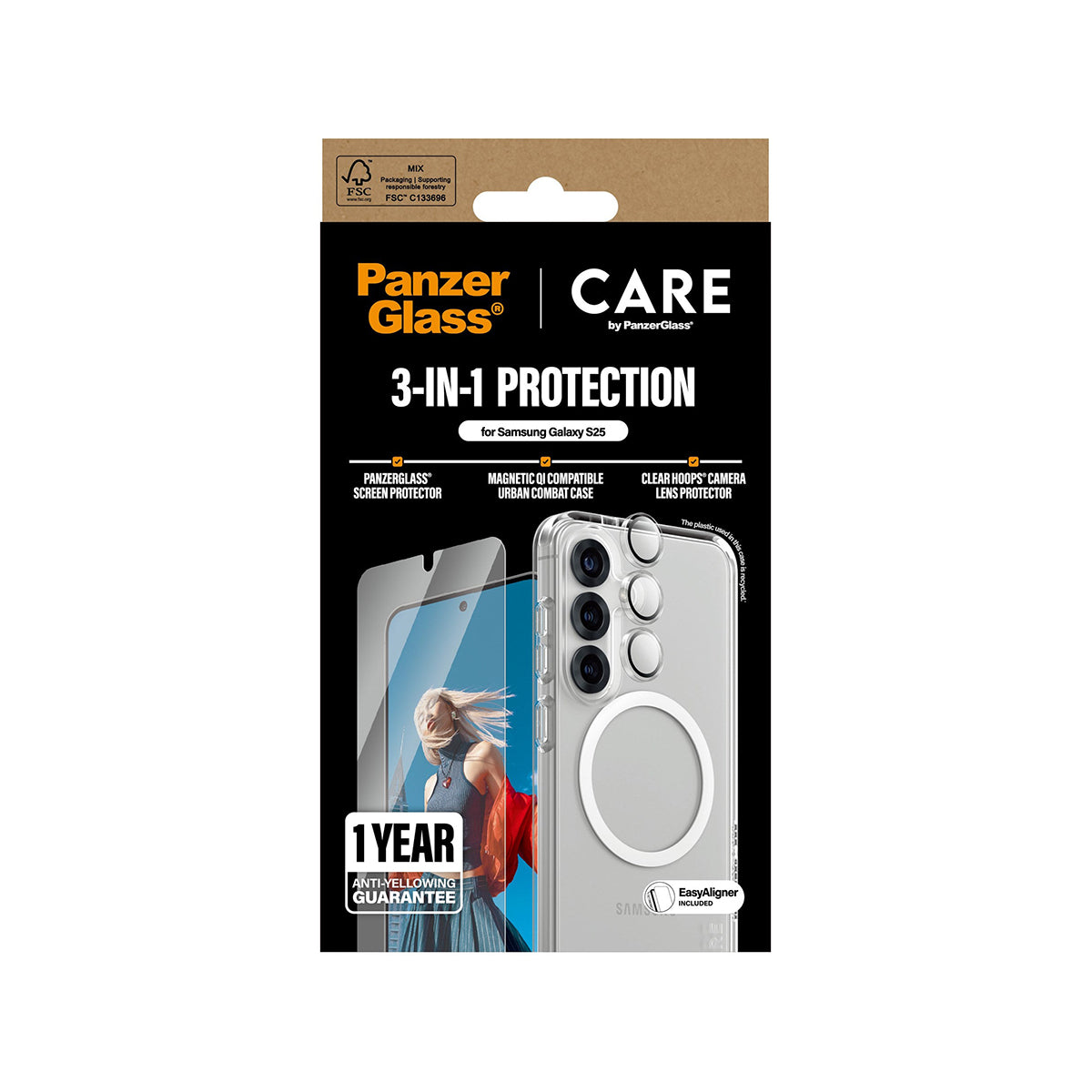 PanzerGlass CARE 3-in-1 Screen Protector Bundle for Samsung Galaxy S25 - Tempered Glass, Camera Lens Protector & Cleaning Kit | Perfect for Work, Travel & Everyday Protection