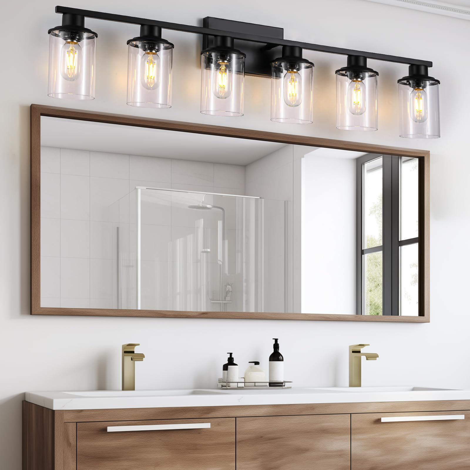 LOUSACE 6-Light Modern Bathroom Vanity Light Fixture - Matte Black Wall Sconce with Clear Glass Shade - Perfect for Bathroom Mirror Lighting, Bedroom & Living Room Décor - Ideal for Home Renovation and Interior Design Projects