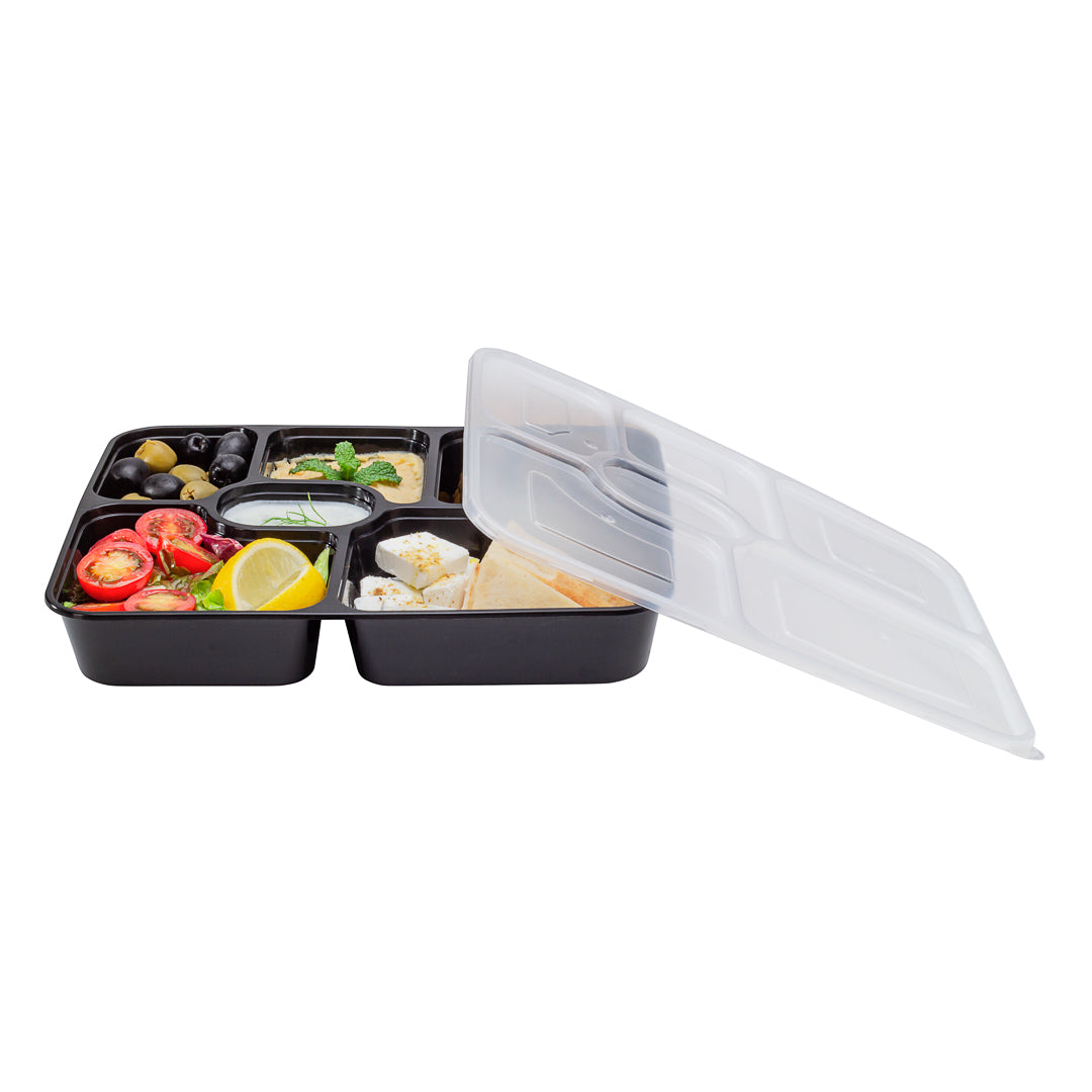 53 oz Black Plastic 6-Compartment Food Storage Container with Clear Lid - Microwave Safe (9.75