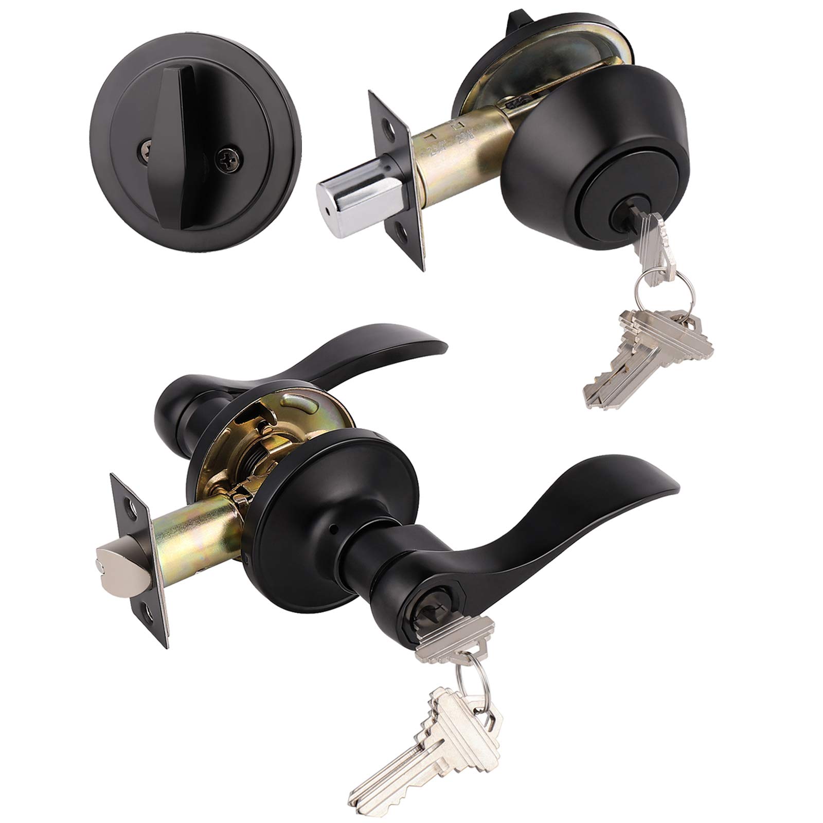 3 Pack Matte Black Exterior Door Lever Lockset with Single Cylinder Deadbolt - Keyed Alike Door Handle Set for Enhanced Home Security - Perfect for Front Doors, Back Doors & Patio Entrances