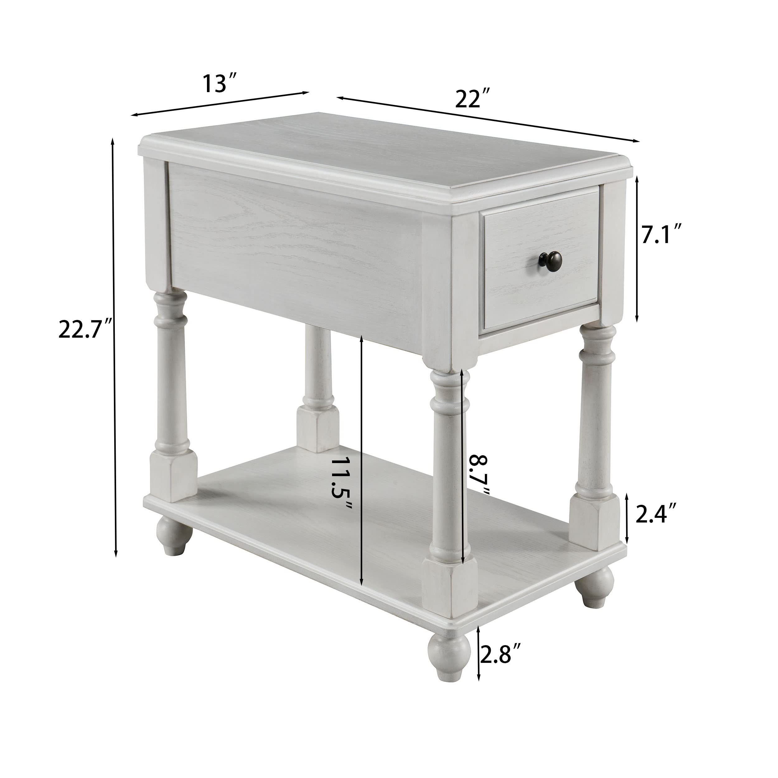 Solid Wood Narrow End Table with Drawer - Slim Sofa Side Table with Storage Shelves & Easy Assembly (22