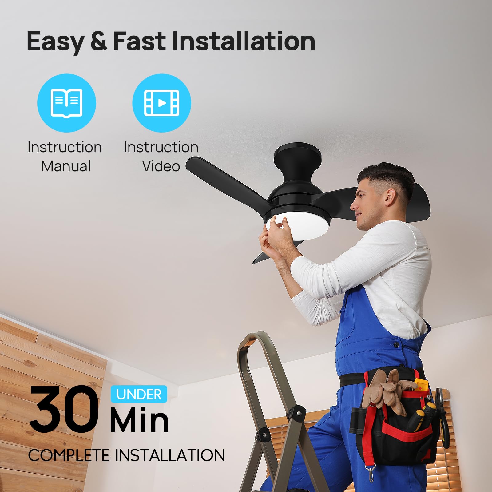 30 Inch Black Low Profile Modern Ceiling Fan with Lights & Remote Control - Flush Mount, Reversible Quiet DC Motor, 6 Speed & Dimmable - Damp Rated for Kitchen, Bedroom, Patio & Outdoor Use