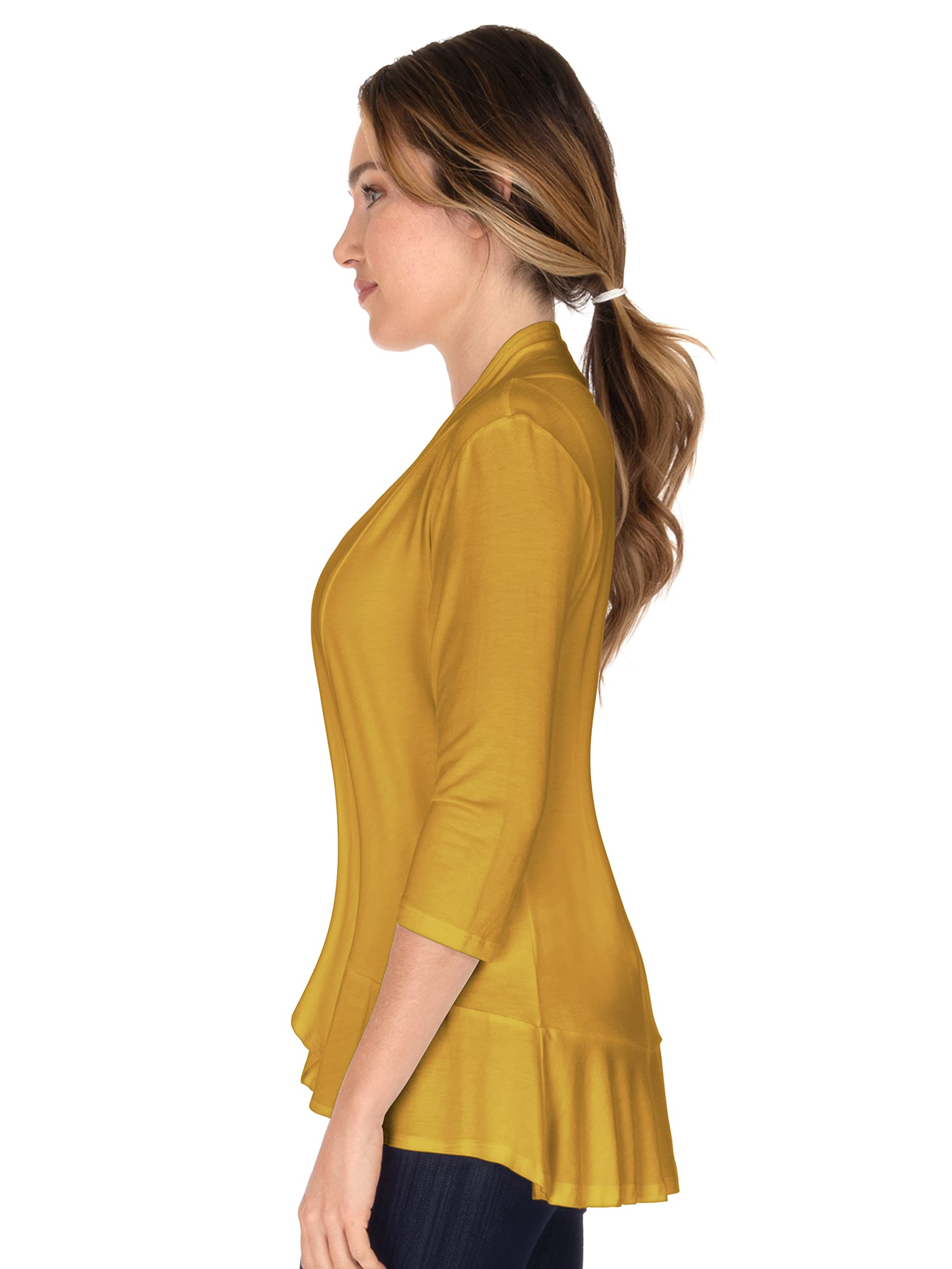 Women's Mustard 3/4 Sleeve Ruffle Cardigan Sweater - Large Size, Casual Fall Layering Piece for Office, Date Night & Autumn Outfits
