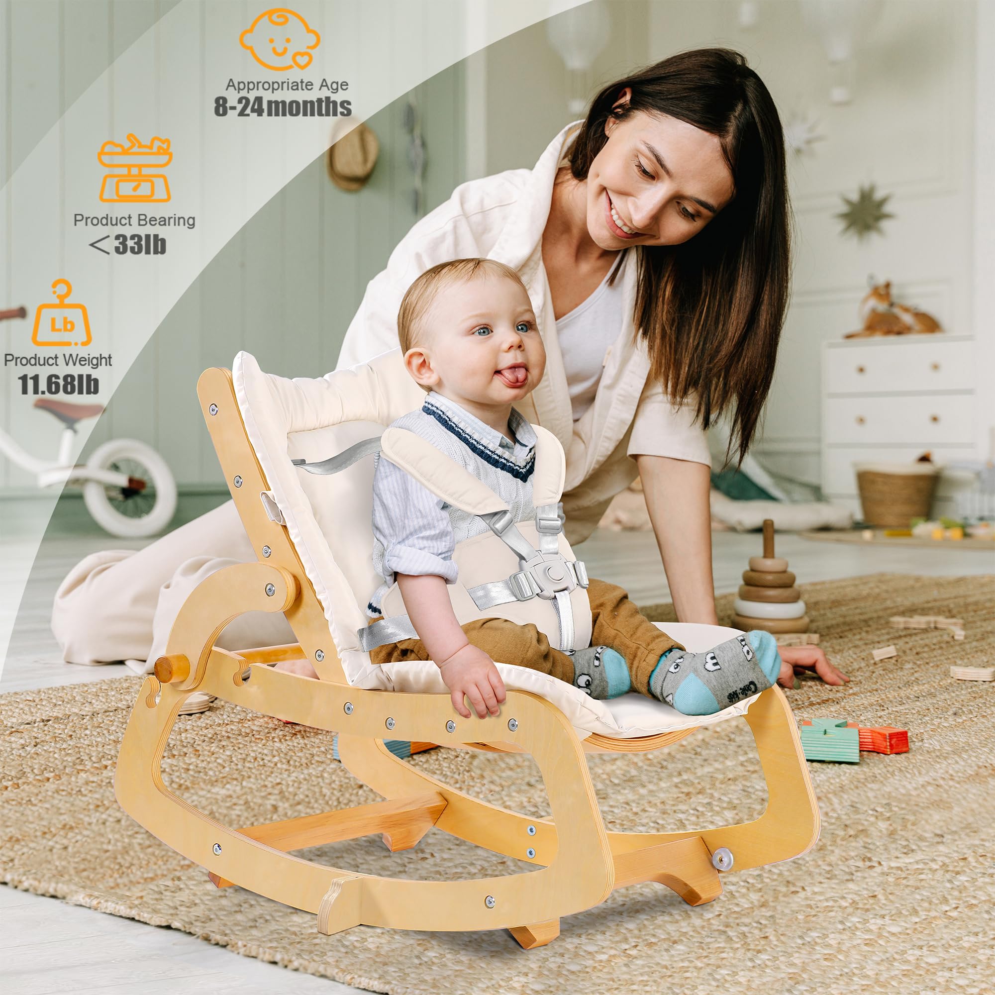 MallBest 3-in-1 Adjustable Baby Bouncer Rocker Chair - Convertible Wooden Infant to Toddler Recliner with Removable Cushion & Safety Belt | Nursery, Living Room, Bedroom (Beige)