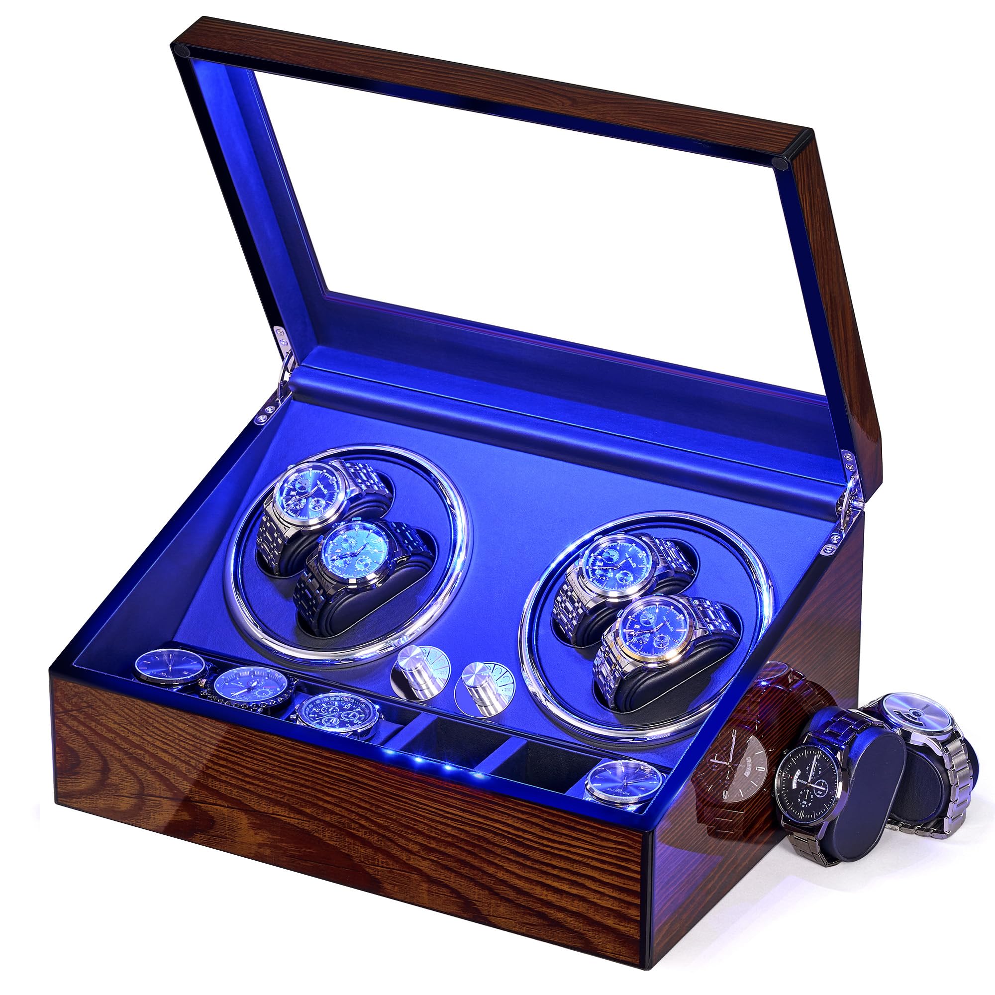 BEWISHOME Automatic Watch Winder Box with LED Light - Quiet Motor 4 Watch Winder & 6 Storage Case for Men/Women - Perfect for Watch Collections, Travel & Nightstand Display (Brown SYQ01Y)