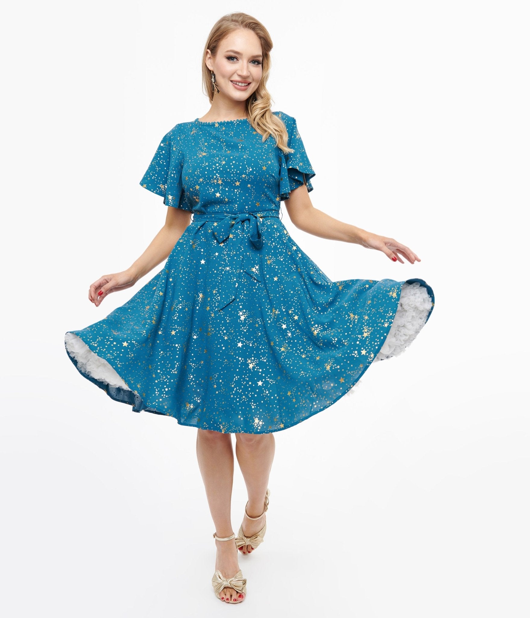 Vintage 1930s Teal and Gold Star Swing Dress - Retro Flapper Dress for Women, Gatsby Party Costume, 1920s Themed Events, Halloween Outfit, Dance Performance