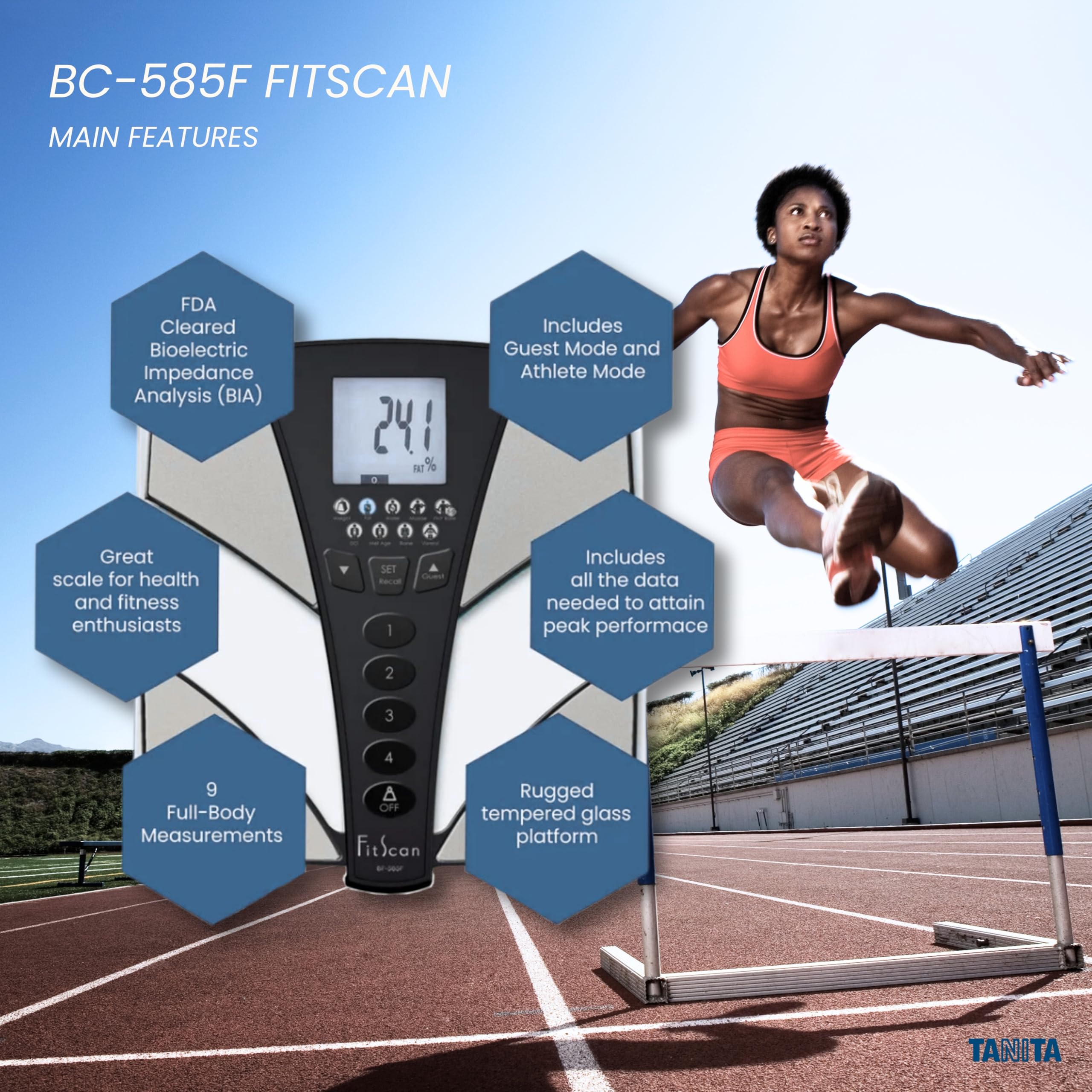 TANITA BC-585F FitScan Body Composition Scale - Japan Technology Multi-Frequency Smart Digital Scale with Fat%, Muscle Mass, BMI, Caloric Intake & Visceral Fat Measurement - Perfect for Home Gym, Weight Loss Tracking & Health Monitoring