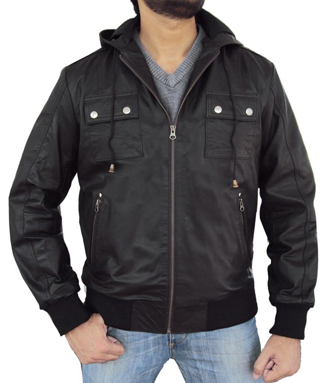Genuine Lambskin Leather Bomber Jacket for Men - The Leather Factory KOKO Hooded Coat | Stylish Outerwear for Casual Wear, Night Out & Winter Fashion