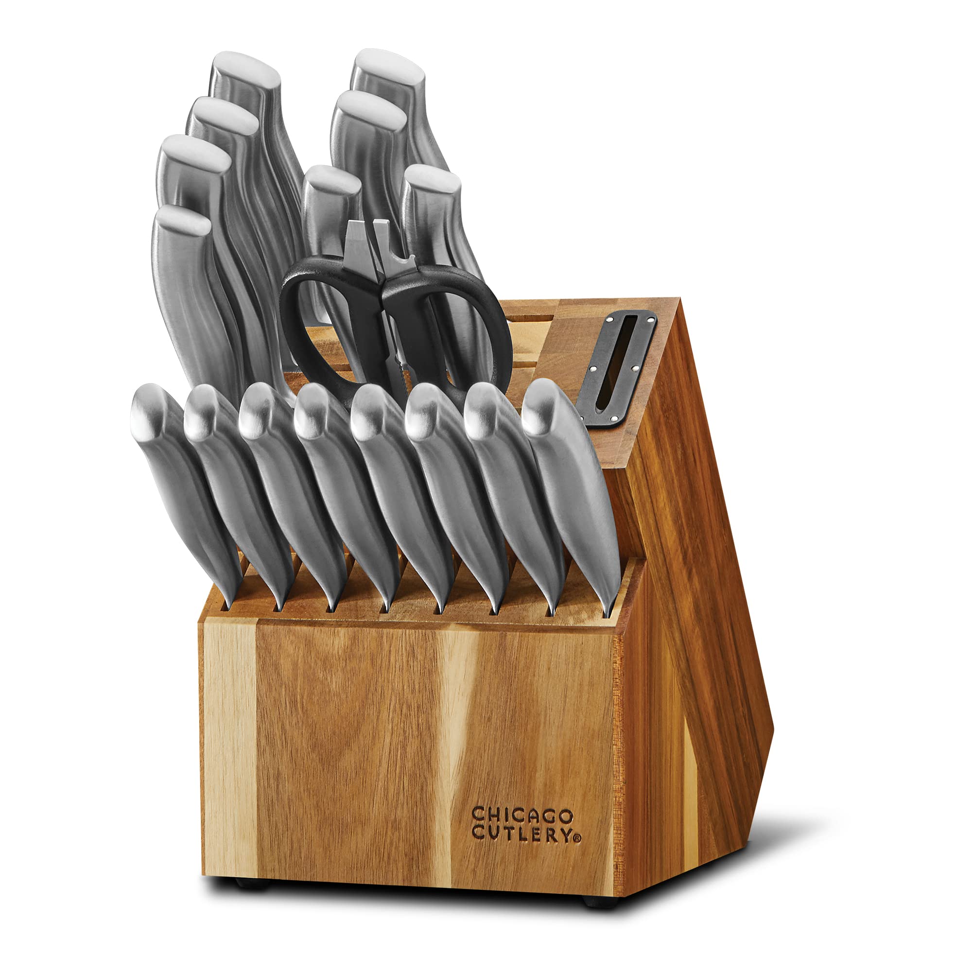 Chicago Cutlery Insignia 18-Piece Stainless Steel Professional Knife Block Set with Built-In Sharpener - Ergonomic Handles, Chef Knives & Scissors with Bottle Opener - Perfect for Home Kitchens, Restaurant Use & Gift Giving