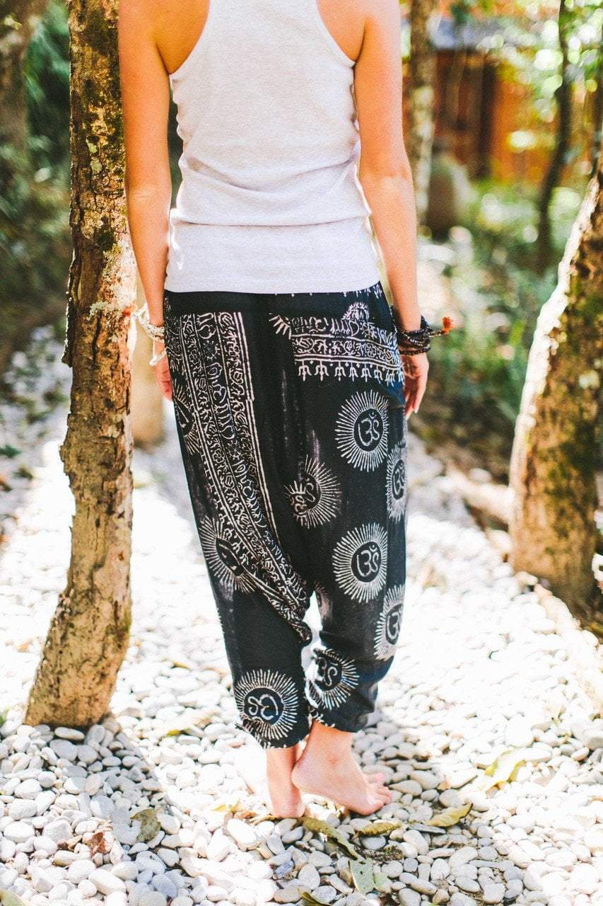 Handmade Om Print Harem Pants from Kathmandu - Boho Yoga Pants for Women, Loose Fit Cotton Lounge Pants for Meditation, Travel & Festival Wear