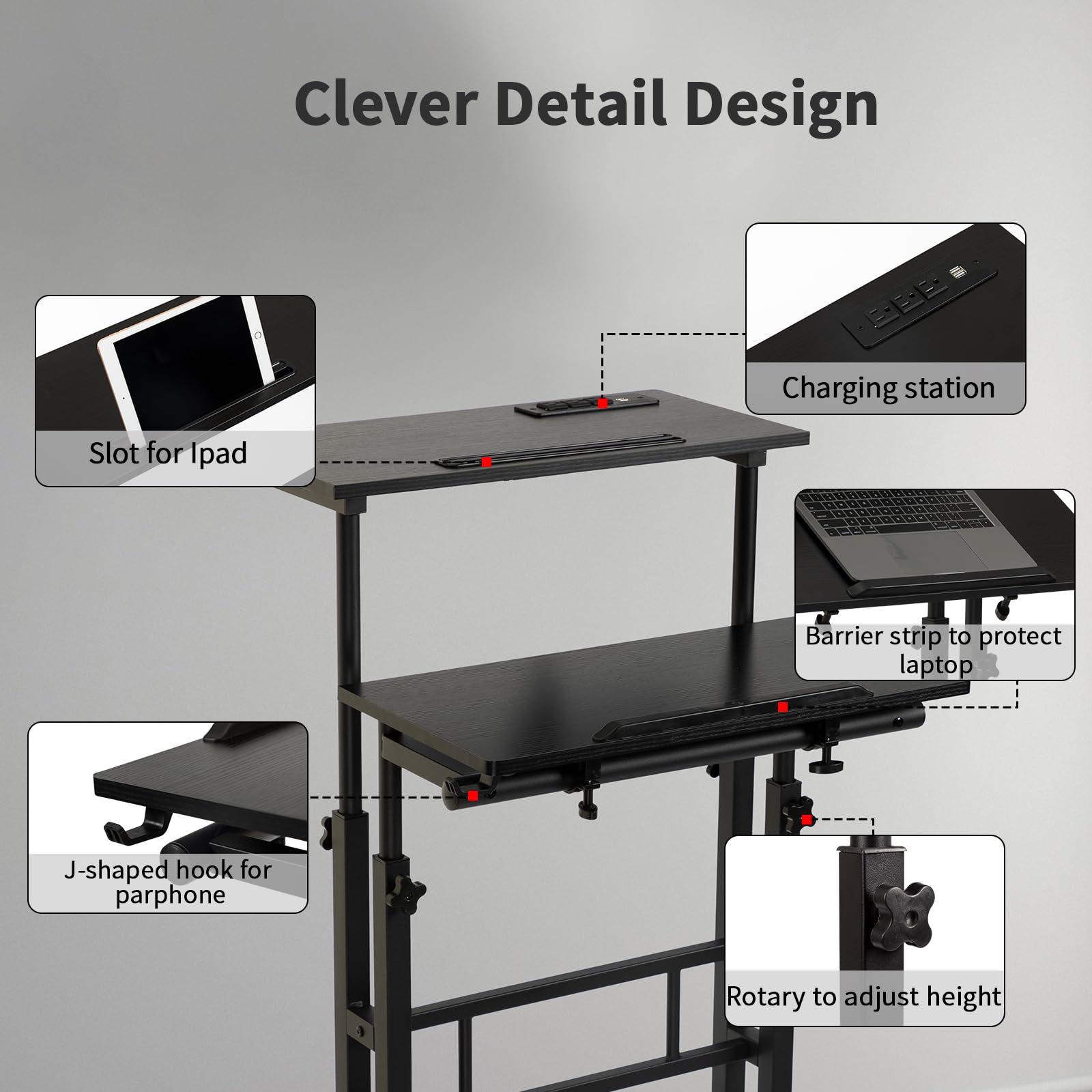 Hadulcet Adjustable Mobile Standing Desk with USB Charging Station - Rolling Laptop Cart with Wheels for Home Office, Classroom & Workspace - Ergonomic Height Adjustable Computer Desk (Black) - Perfect for Remote Work, Online Classes & Small Spaces