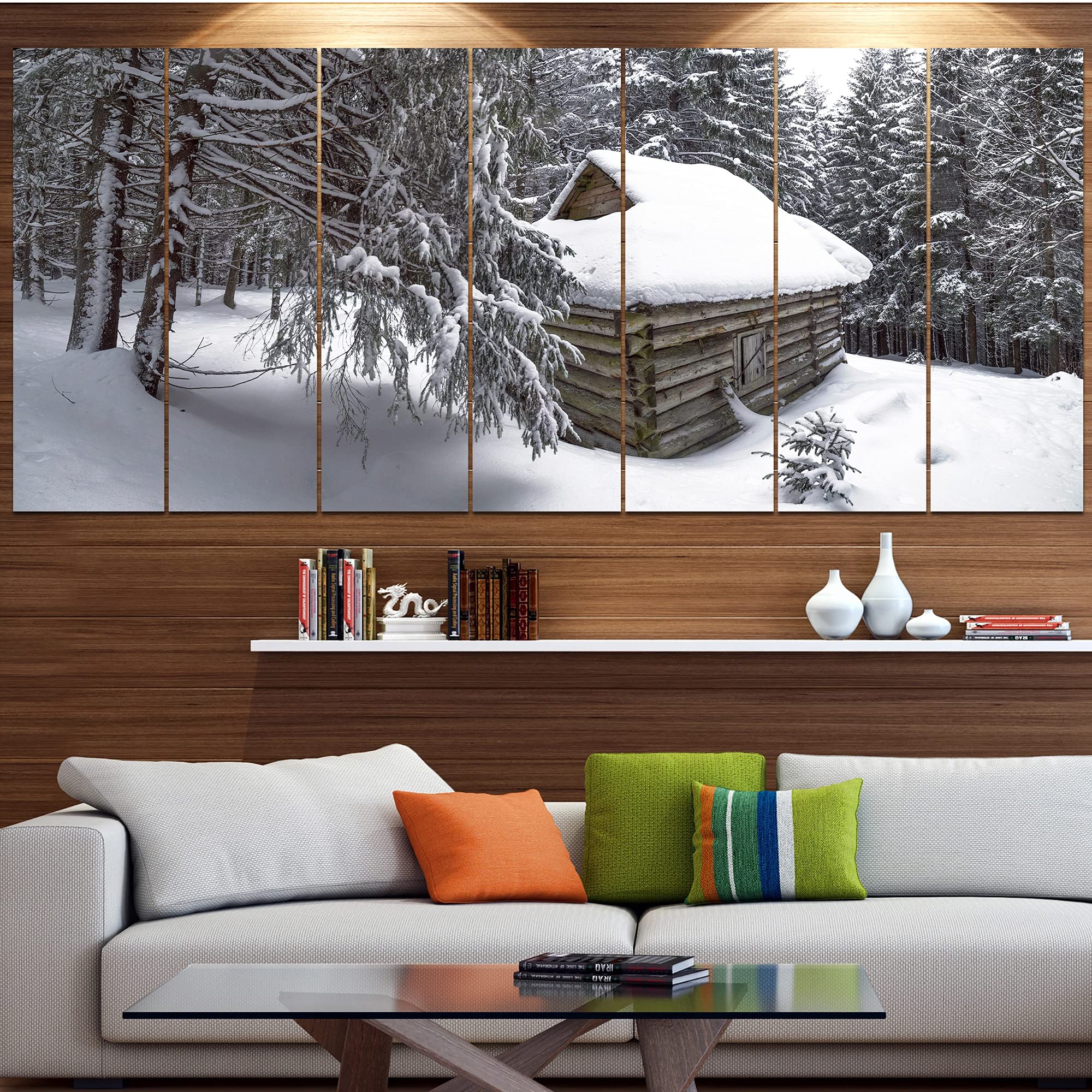 DESIGN ART 'House in Magic Winter Forest' Modern Landscape Wall Art - Multi-Color 70x28 Inch 6-Panel Canvas Painting - Perfect for Living Room, Bedroom & Office Decor