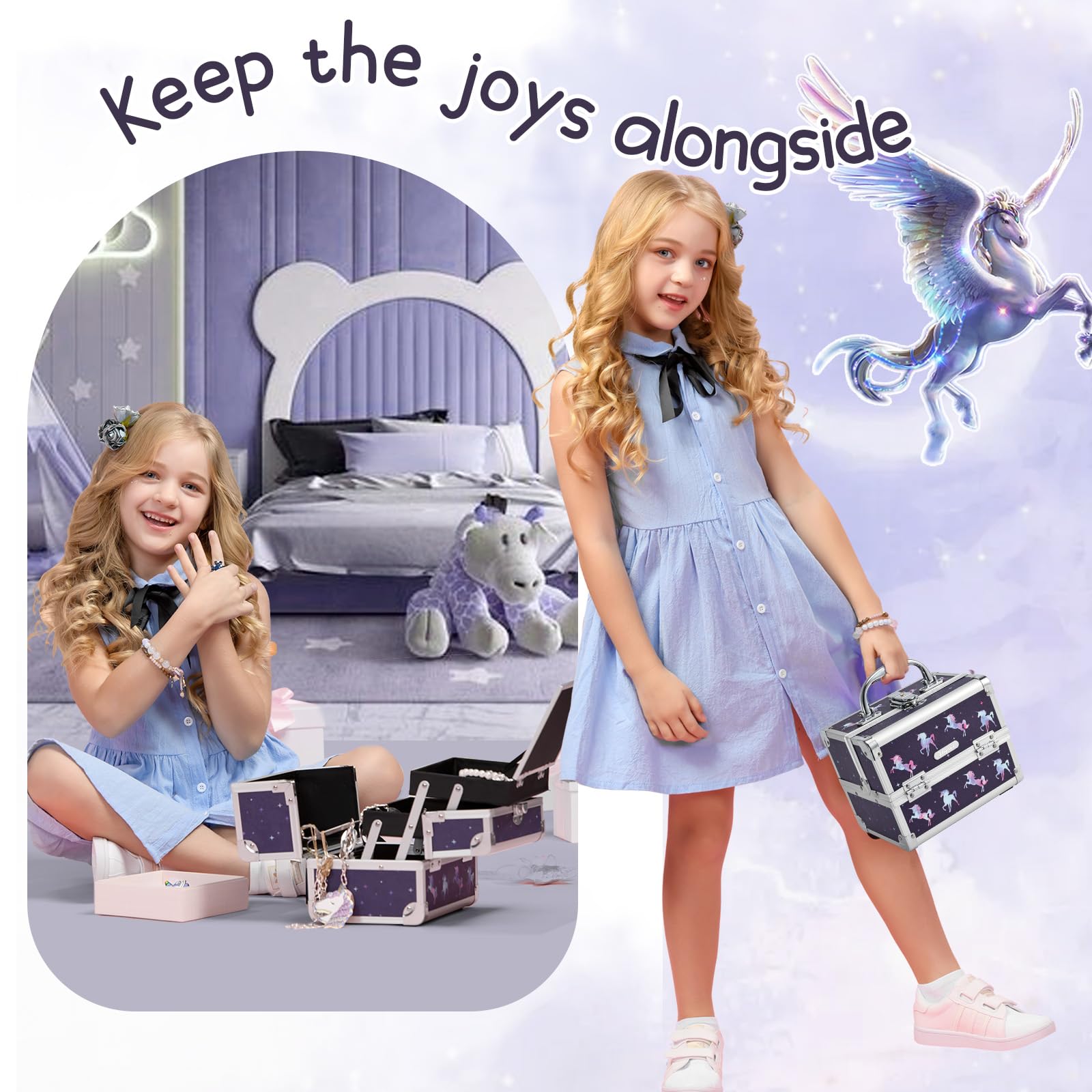 Joligrace Unicorn Makeup Box for Girls - Portable Travel Cosmetic Case with Mirror, Lockable Jewelry Organizer, Lightweight & Durable (19.5x15x16cm) - Perfect for Travel, Birthday Gifts & Beauty Storage
