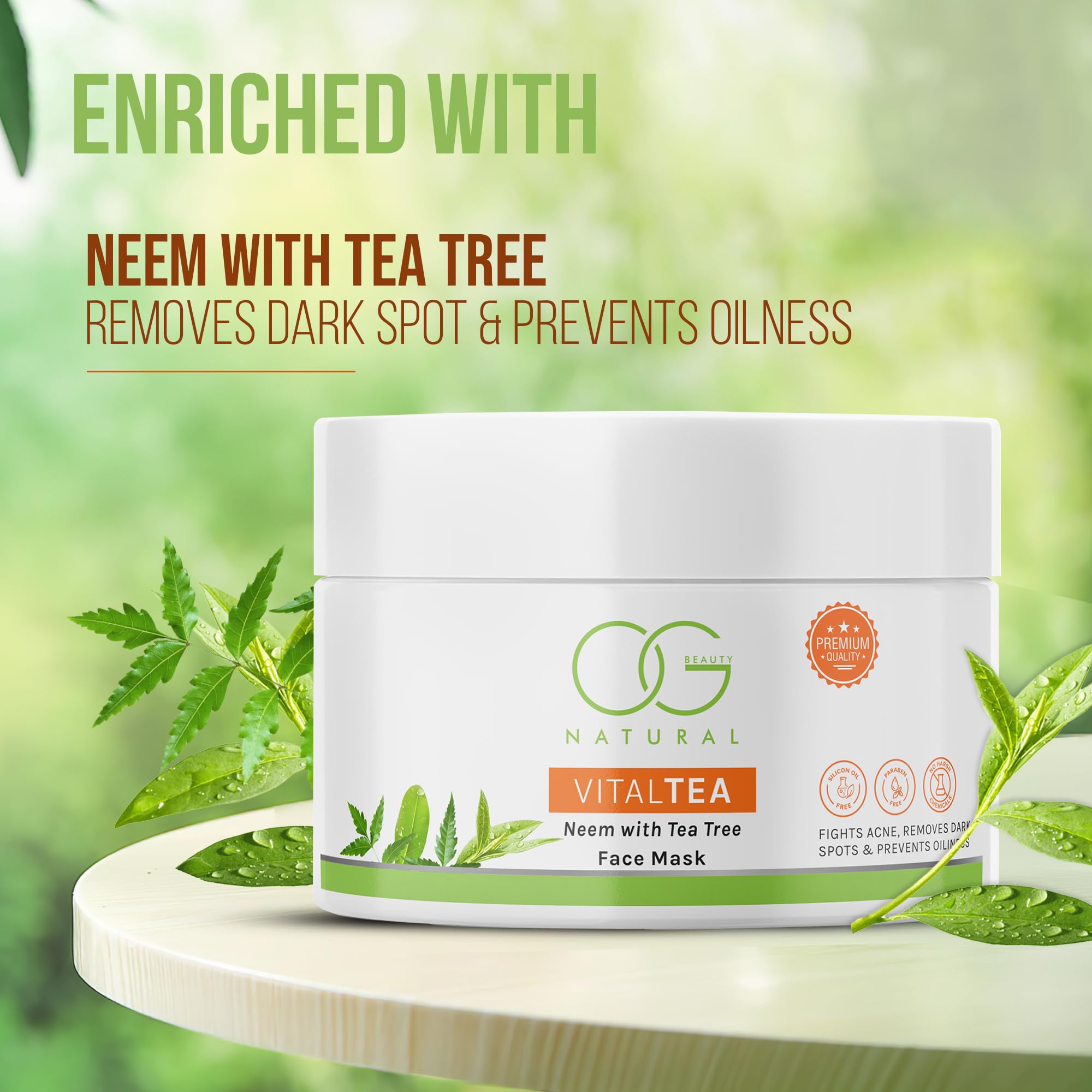 OG BEAUTY Natural VitalTea Neem & Tea Tree Face Mask - Acne Treatment for Oily Skin, Reduces Dark Spots & Blemishes | Antioxidant-Rich, Silicon Oil Free & Paraben Free | 125g | Perfect for Daily Skincare Routine & Spa Nights