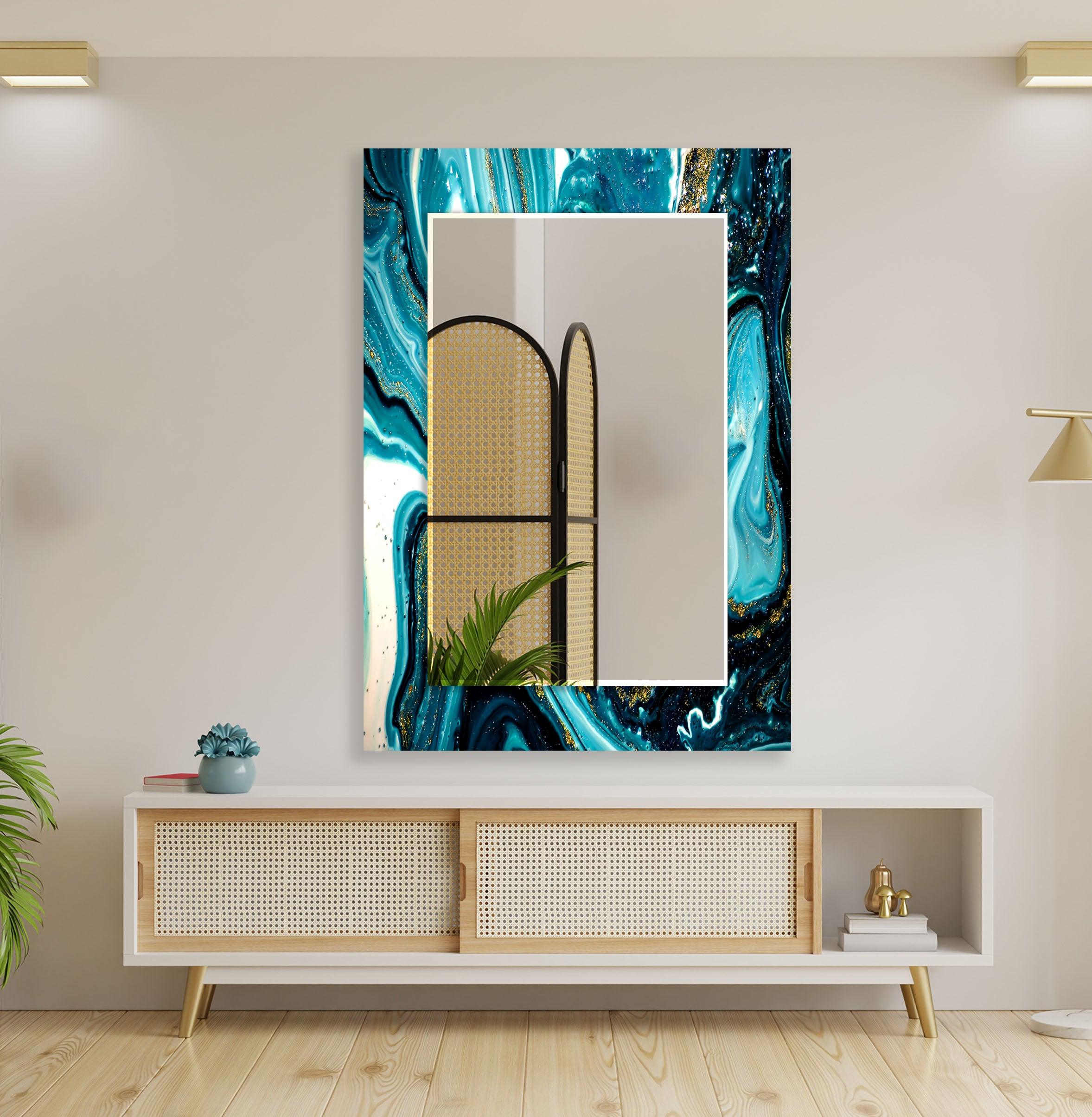 Stylish Blue and White Epoxy Wall Mirror - Modern Decorative Bathroom & Bedroom Vanity Mirror - Perfect for Home Decor, Dressing Areas, and Interior Design Accents
