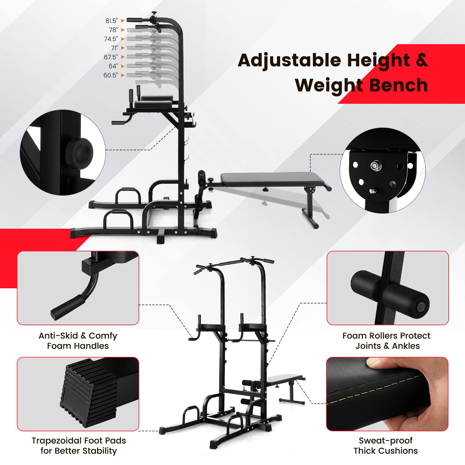 GYMAX Adjustable Height Power Tower with Bench & Pull Up Bar - Foldable Heavy Duty Full Body Strength Training Equipment for Home Gym - Perfect for Chin Ups, Dips, and Full-Body Workouts at Home