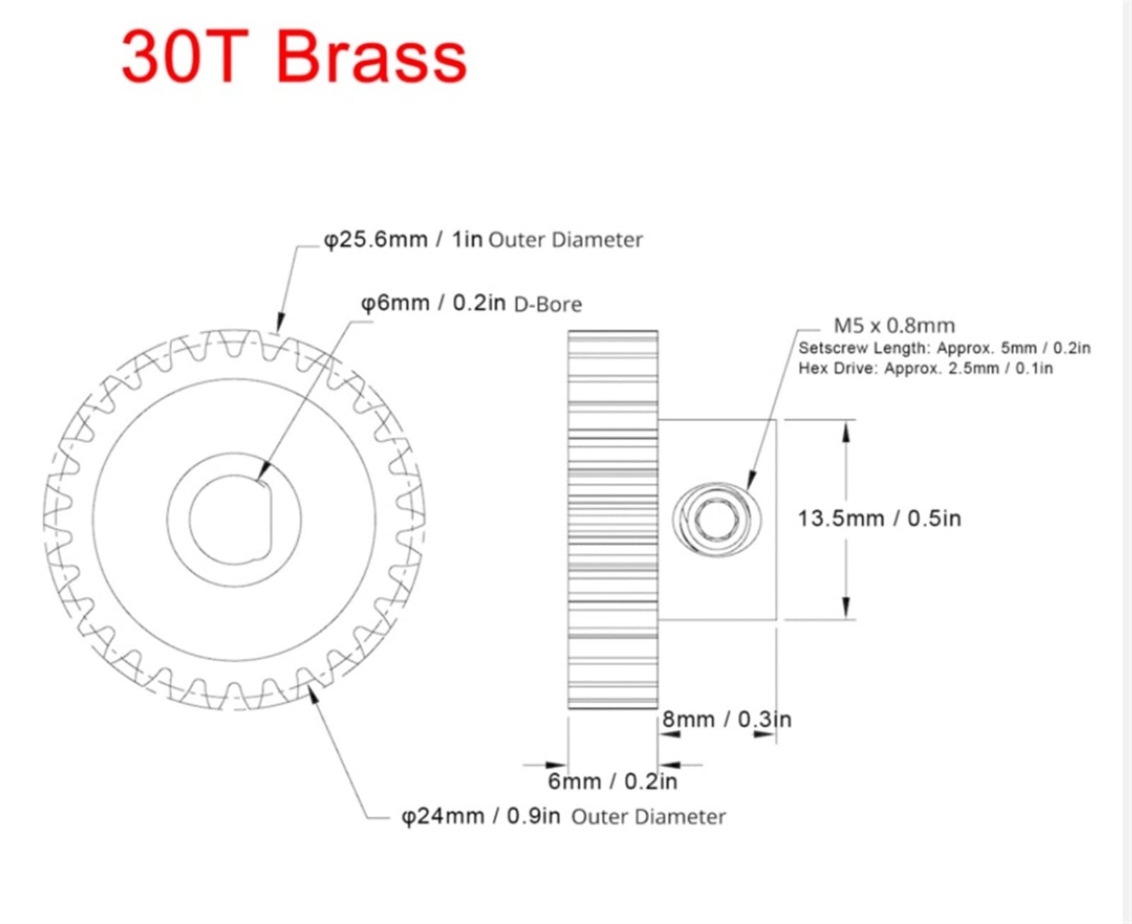 High-Quality Brass Miter Gears 1pc - 0.8 Module 15T/20T/24T/30T Steel Pinion Spur Gear with 6mm Inner Hole - Perfect for RC Cars, Robotics, and DIY Steering Mechanisms (Brass, 30 Teeth)