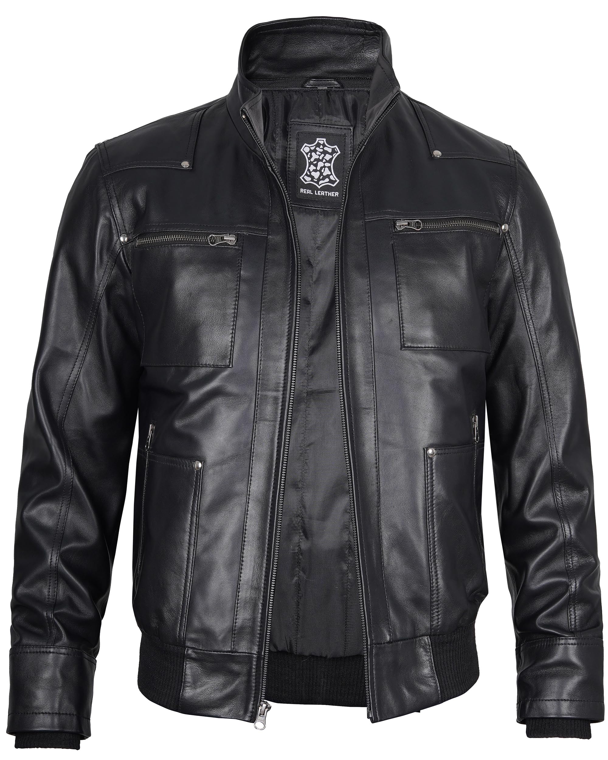 Genuine Leather Bomber Jacket for Men - Motorcycle & Casual Wear with Removable Hood - Stand Collar Jacket for Riding, Travel & Everyday Fashion