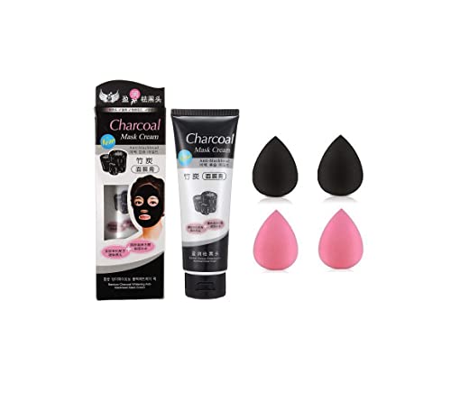 Charcoal Blackhead Mask Cream for Deep Cleansing - Removes Dirt, Oil & Makeup Residue | Includes 4 Makeup Blender Puff Sponges | Perfect for Acne-Prone Skin & Daily Skincare Routine
